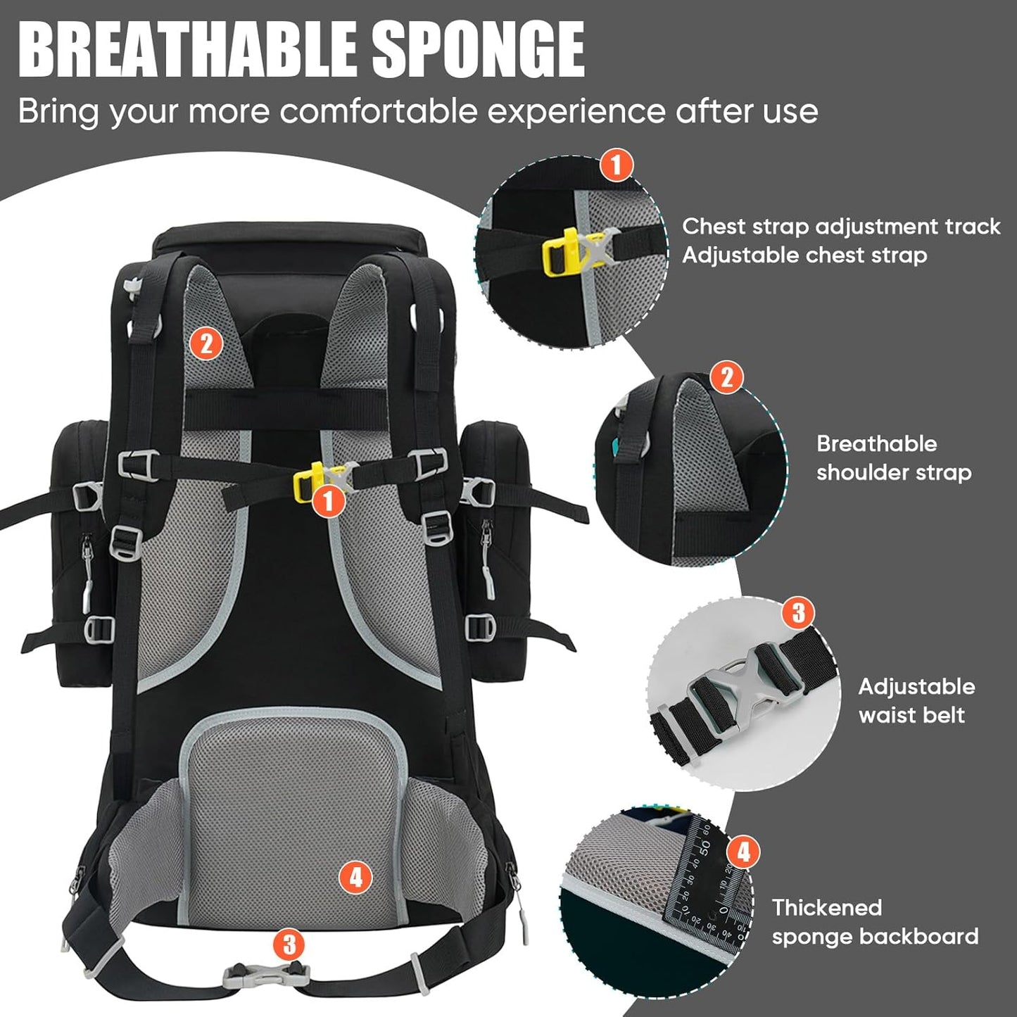 Bseash 70L (65+5) Waterproof Hiking Camping Backpack with Rain Cover, Outdoor Sport Travel Daypack for Climbing Touring (Black)