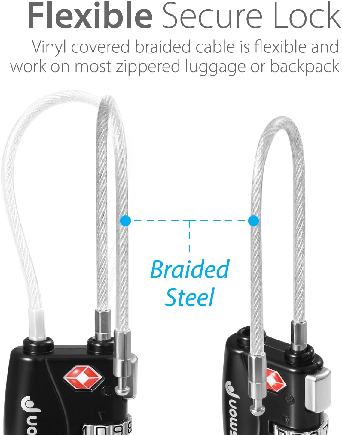 Fosmon TSA Approved Cable Locks for Luggage, Suitcase, Gun Case Locks with Push Release Button, 3 Digit Long Shackle Combination Wire Locks for Backpack Zipper Anti Theft, Gym Locker -3 Pack, Black