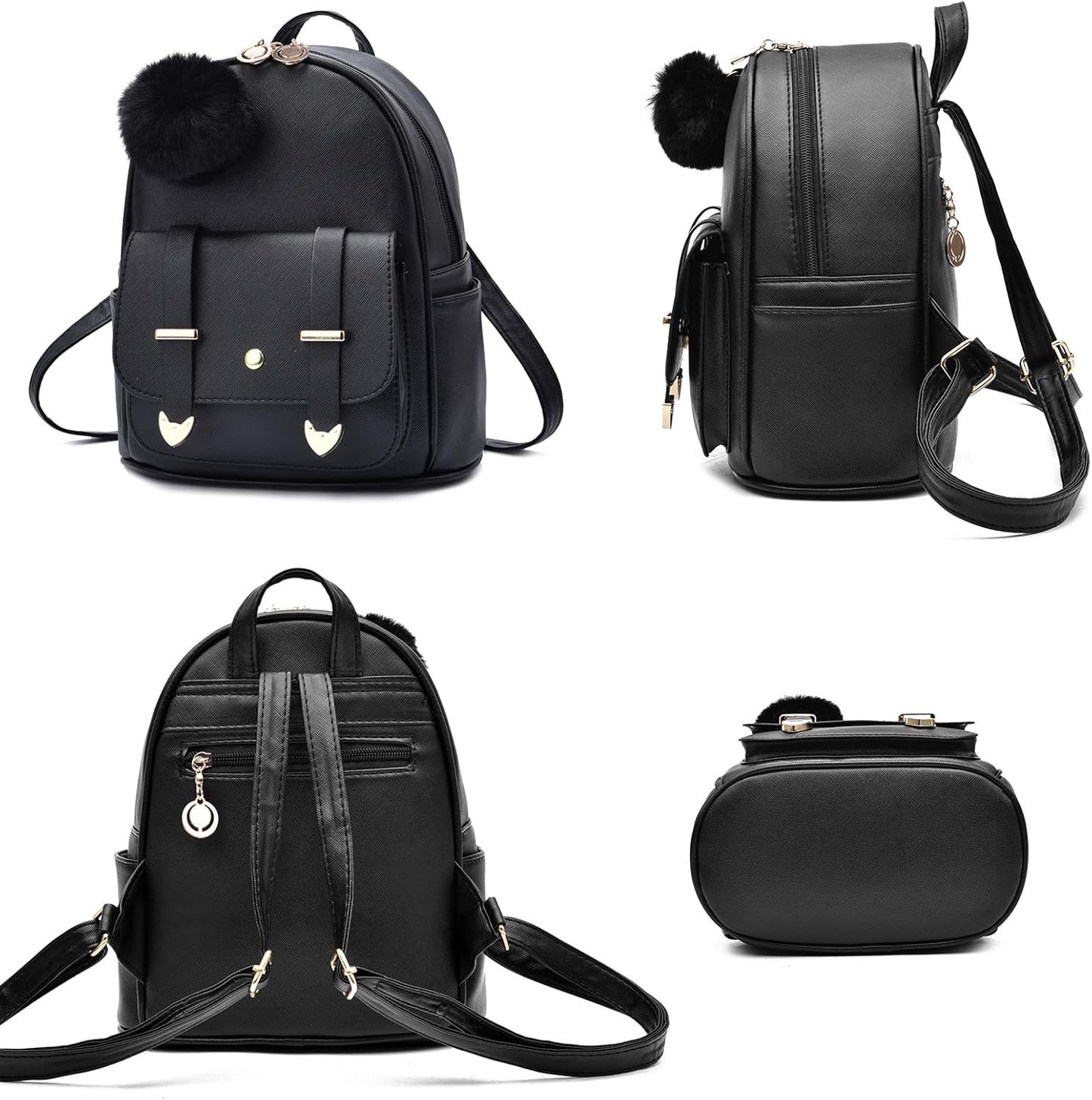 I IHAYNER Girls Fashion Backpack Mini Backpack Purse for Women Teenage Girls Purses PU Leather Pompom Backpack Shoulder Bag