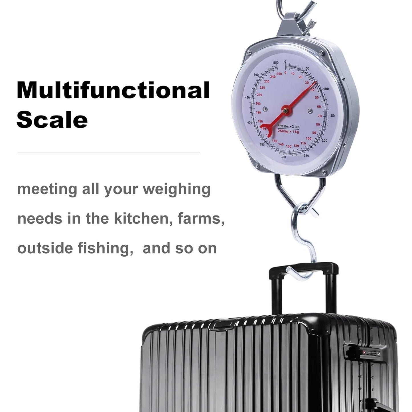 Mechanical Hanging Scale 250kg/550lbs, High Accuracy Spring Dial Weight Scale for Kitchen Fishing Hunting Farms