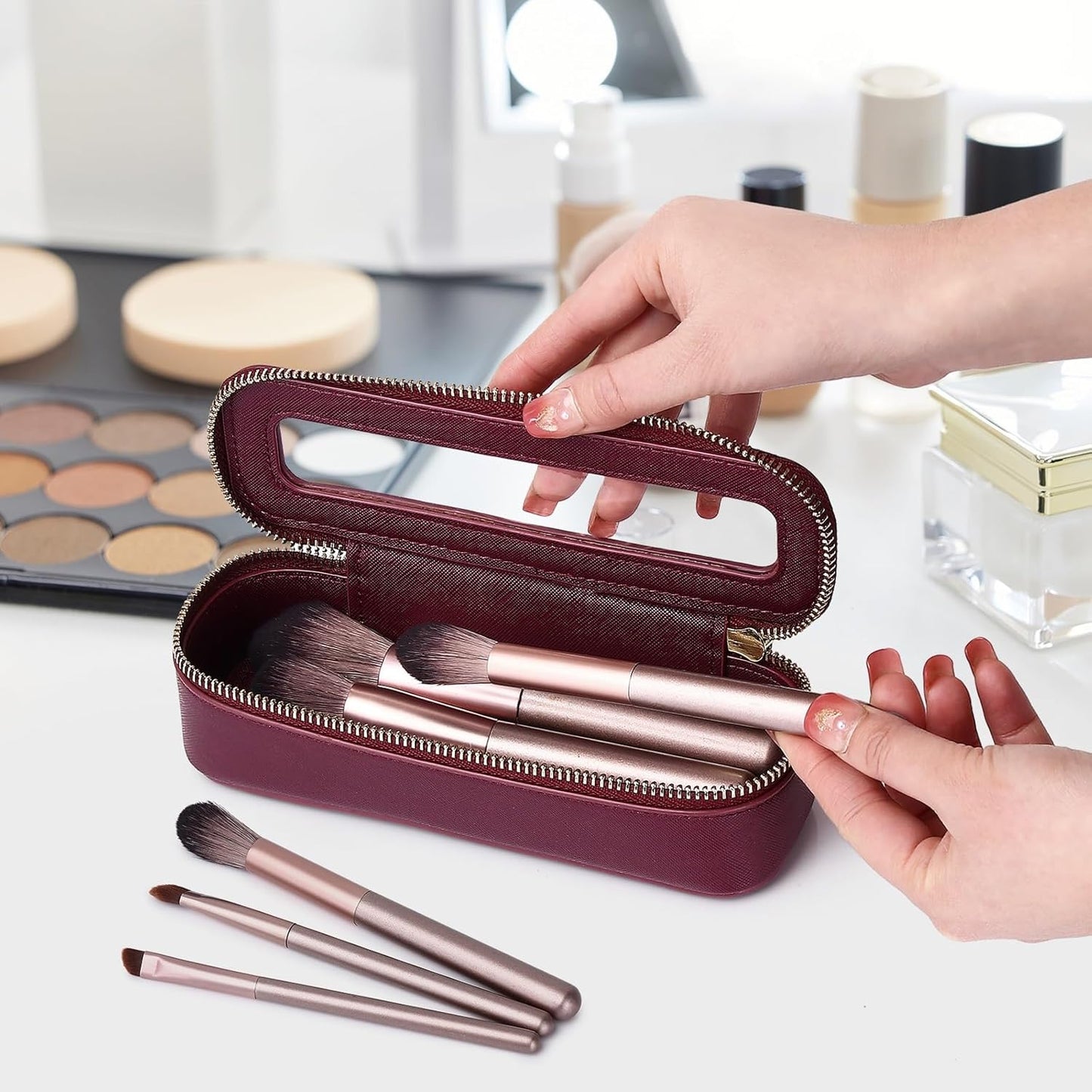 Travel Makeup Set Waterproof Transparent Cosmetic Bag and Toiletry Bag Makeup Brush case with Zipper Car Essentials for Women (Burgundy, L+M+SLIM)
