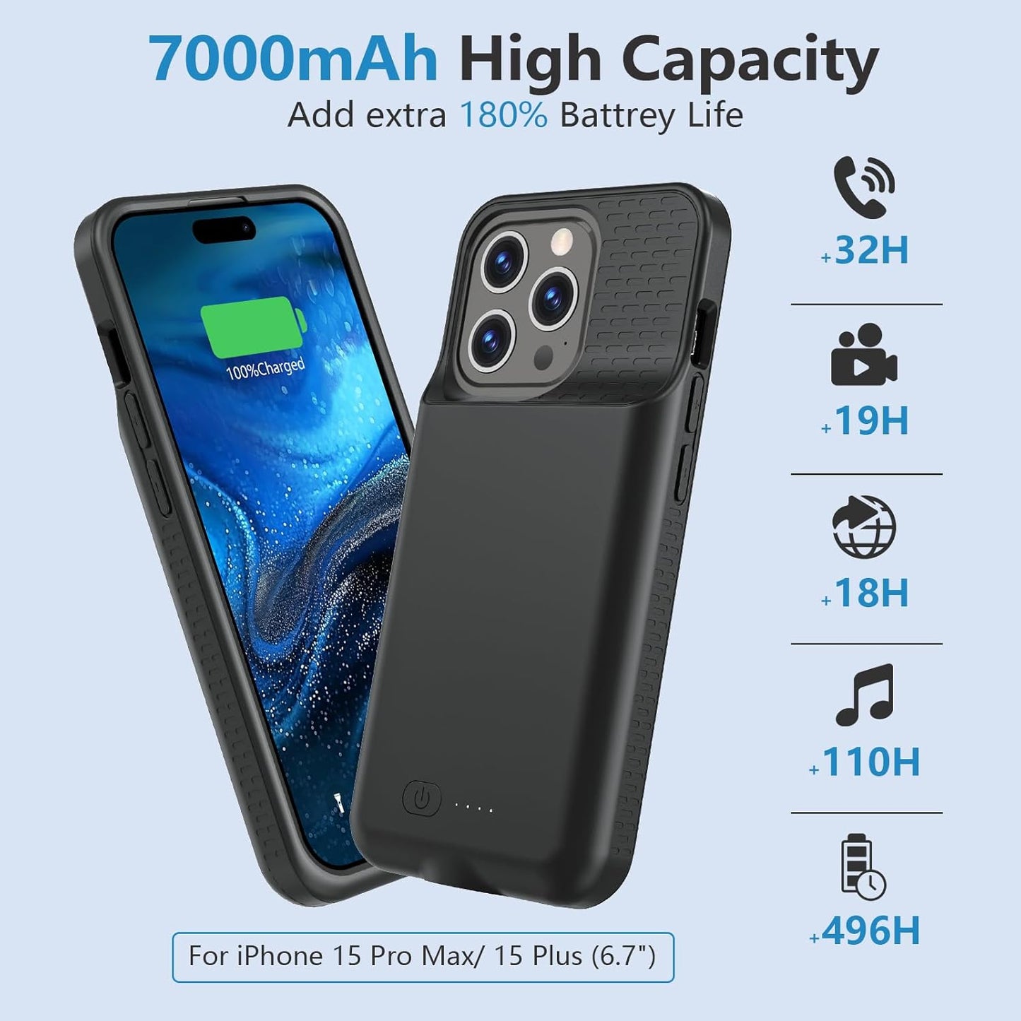 GIN FOXI Battery Case for iPhone 15 Pro Max/15 Plus, 15W Fast Charging Battery Charger Case Rechargeable Real 8000mAh Ultra-Slim Anti-Fall Protection Extended Charger for iPhone 15ProMax&15Plus(6.7")