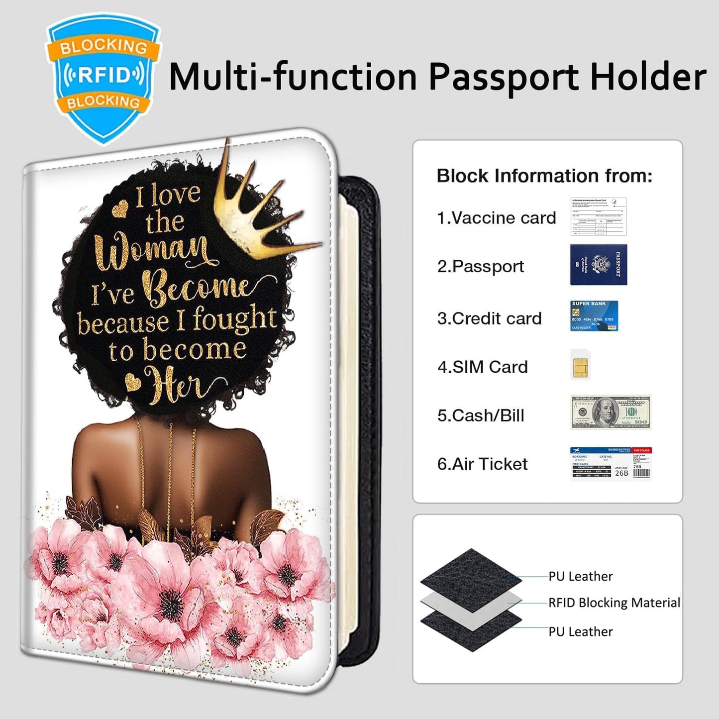 Passport Holder Women Wallet with Luggage Tag, Leather Passport Cover with RFID Blocking, Travel Accessories Multi Card Slot Passport Case for Men，Black Crown Girl Pink Flower