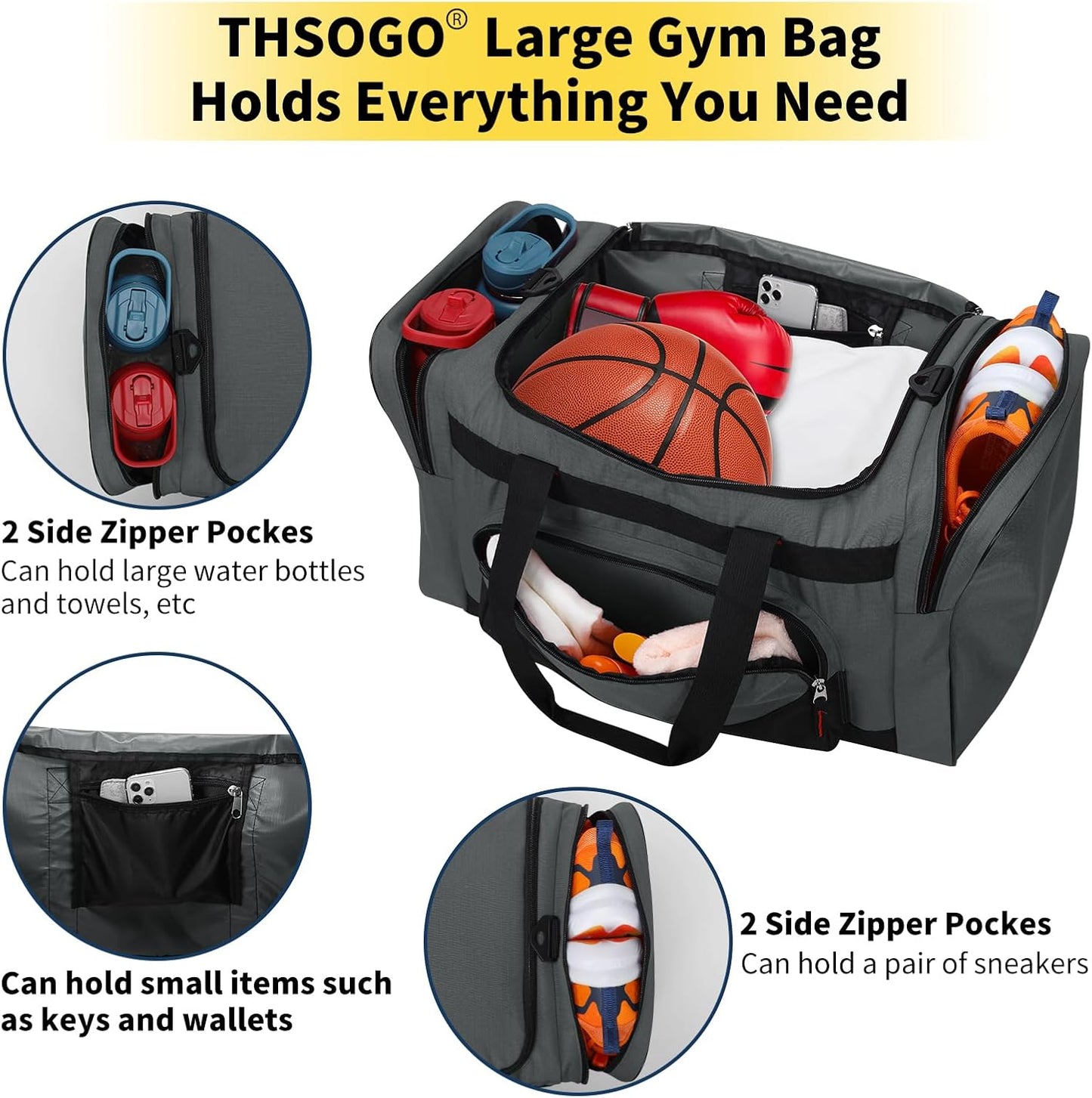22 inch Gym Bag for Men - 55L Large Travel Duffle Bag Sports Equipment Bag with Multiple Zippered Pockets,Outdoor Workout Duffle Bag for Overnight Weekend - Dark Grey
