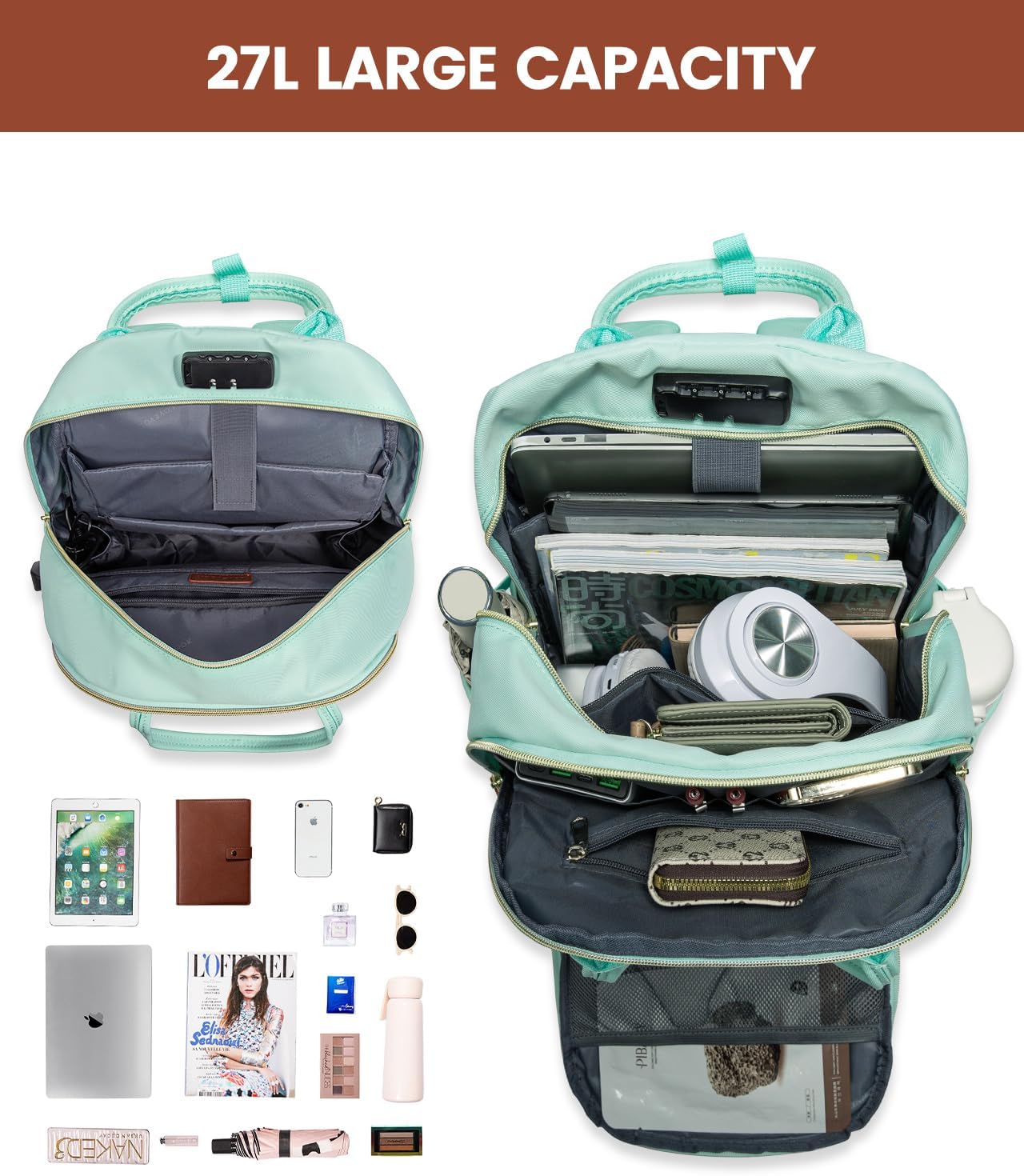 LOVEVOOK Laptop Backpack Purse for Women with 15.6-inch Laptop Compartment, Large Travel Anti-theft Work Bags with Lock, Business Computer College Backpacks, Casual Daypack with USB Port, Red Brown