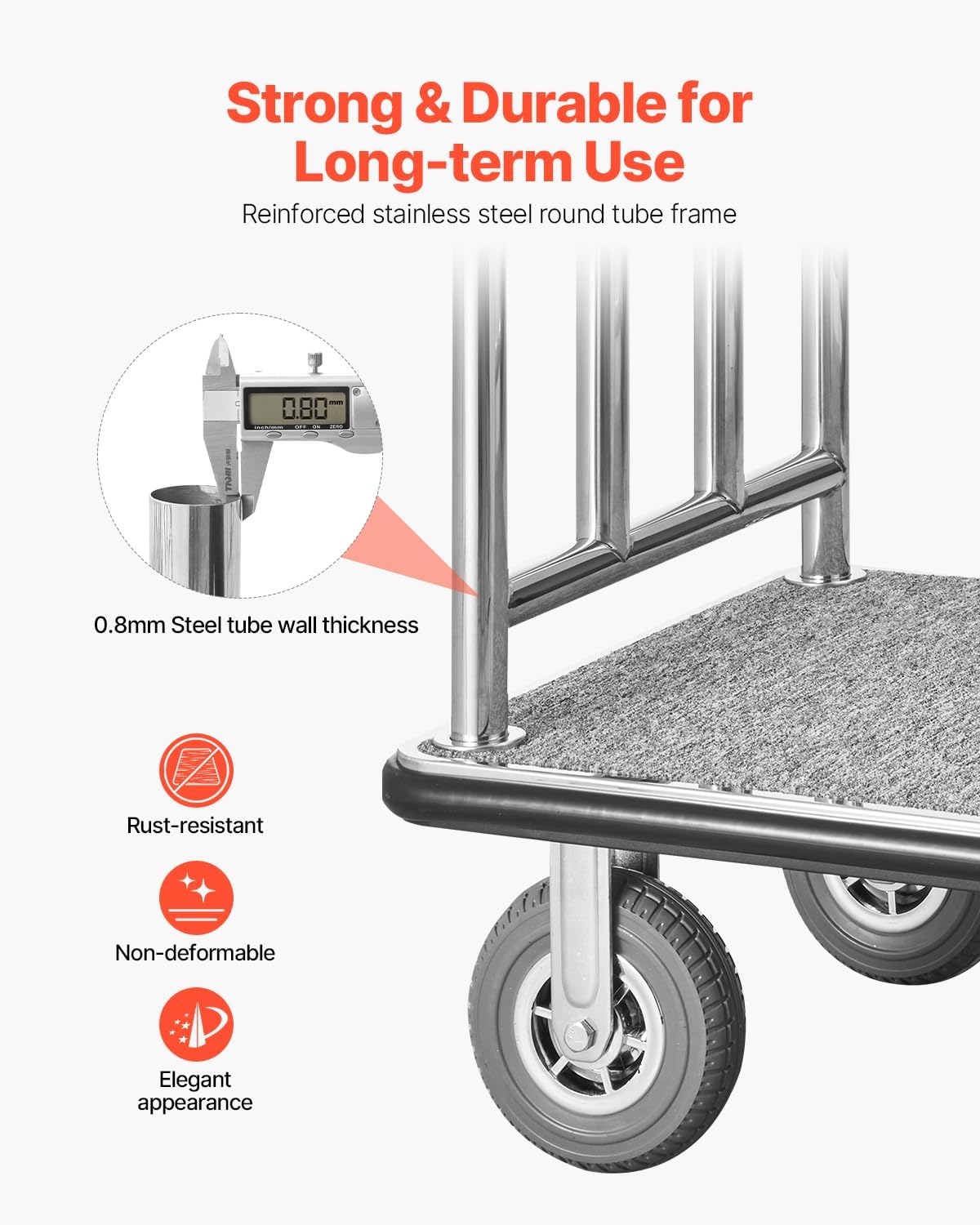 VEVOR Hotel Luggage, 1200 LBS Load Capacity, Brushed Stainless Steel Finish Bellman's Cart, Valet Cart with Grey Carpeted Deck and 8-inch Rubber Wheels, Ideal for Hotels, Condos, Resorts, Silver