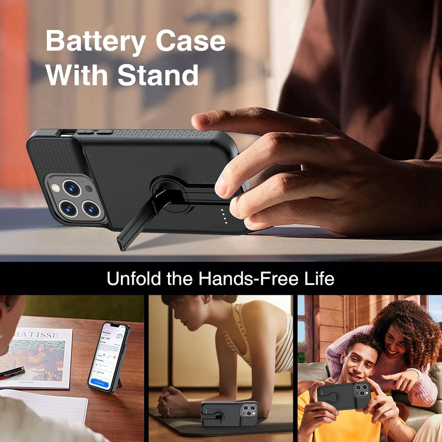 Battery Case for iPhone 14 Pro Max/14 Plus/13 Pro Max/12 Pro Max, Charging Case With Stand 8000mAh Portable Extended Case Cover for iPhone 14 Pro Max, 14Plus, 13/12Pro Max Charging Case (6.7”) Black