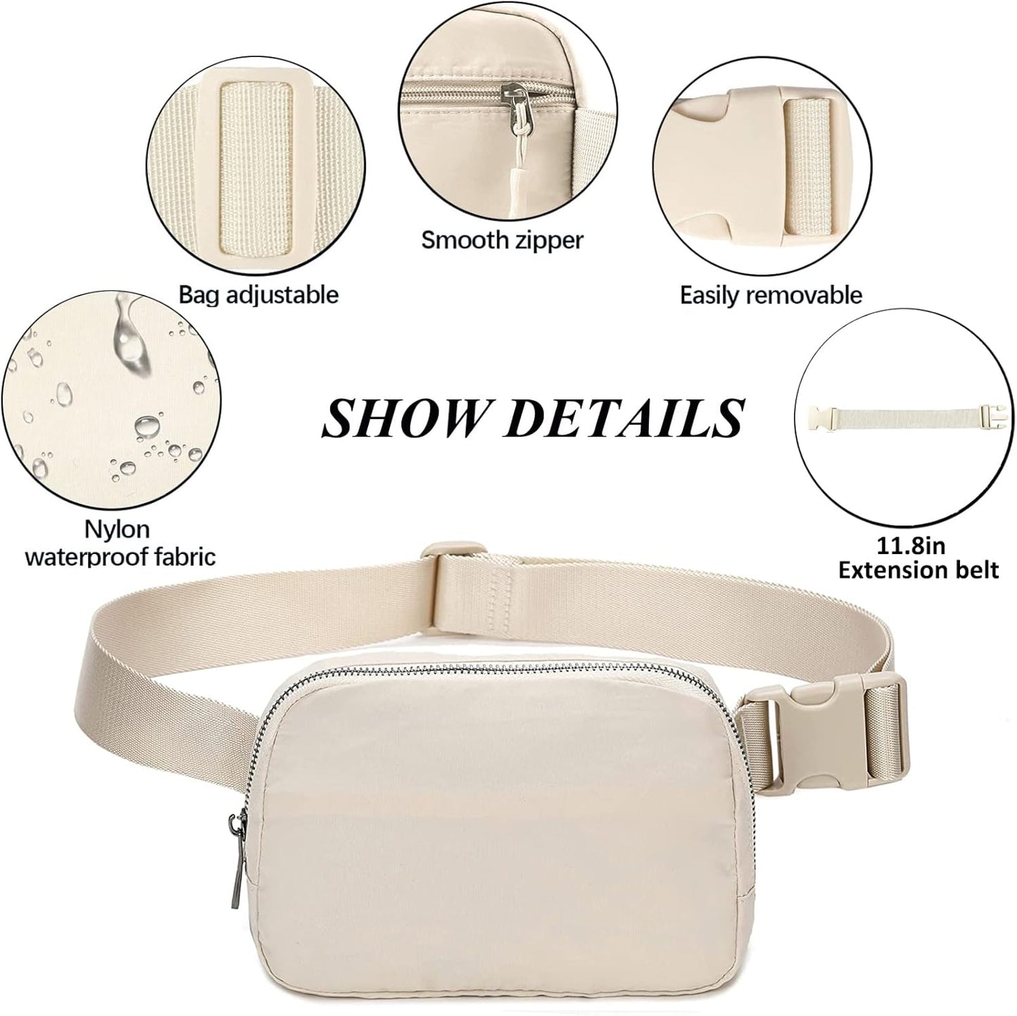 Fanny Pack for Women Men,Fashion Crossbody Bag Mini Belt Bag with Adjustable Strap and 11.8in Extension Belt, Waterproof Waist Bag for Outdoor Running Hiking Walking Travel (Beige)