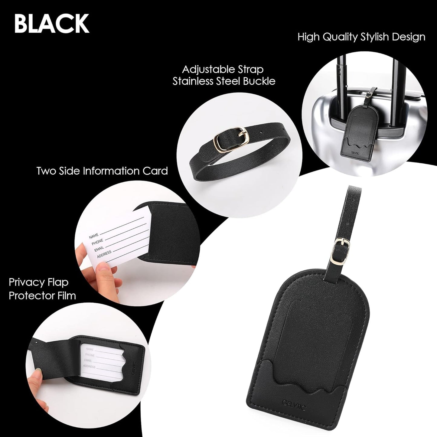 Faux Leather Luggage Tags for Suitcase Tag Set Privacy Protection with Identifie Name Lable ID Card Baggage tag for Men Women Travel Accessories, 2/4 Pack (LT07-Black)