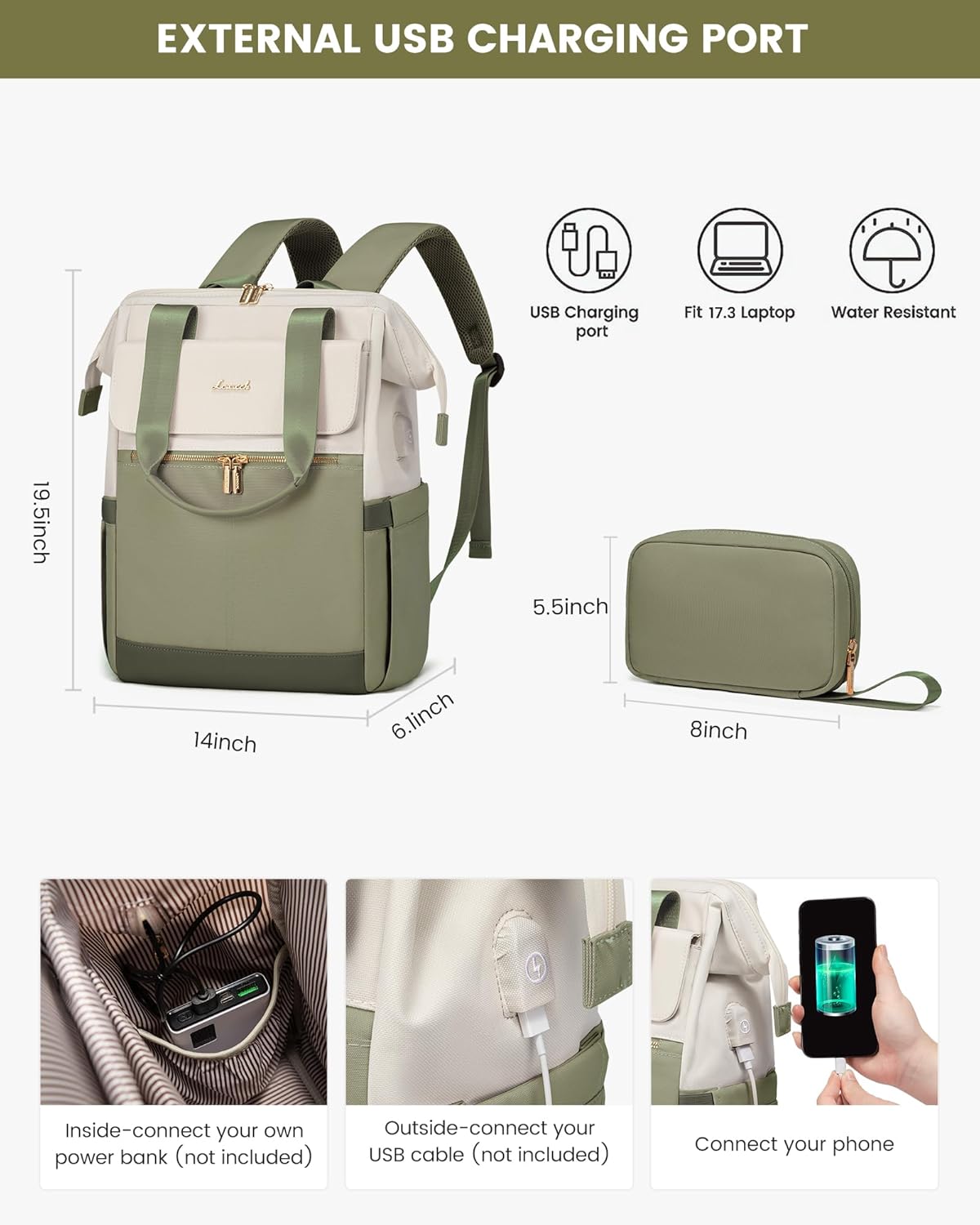 LOVEVOOK 17.3 Inch Laptop Backpack for Women, Large Capacity Travel Backpack with Organizer Bag,Waterproof Carry on Backpack Work Bag with USB Port,Teacher Nurse Backpack Purse,2PCS,Beige-Bean Green