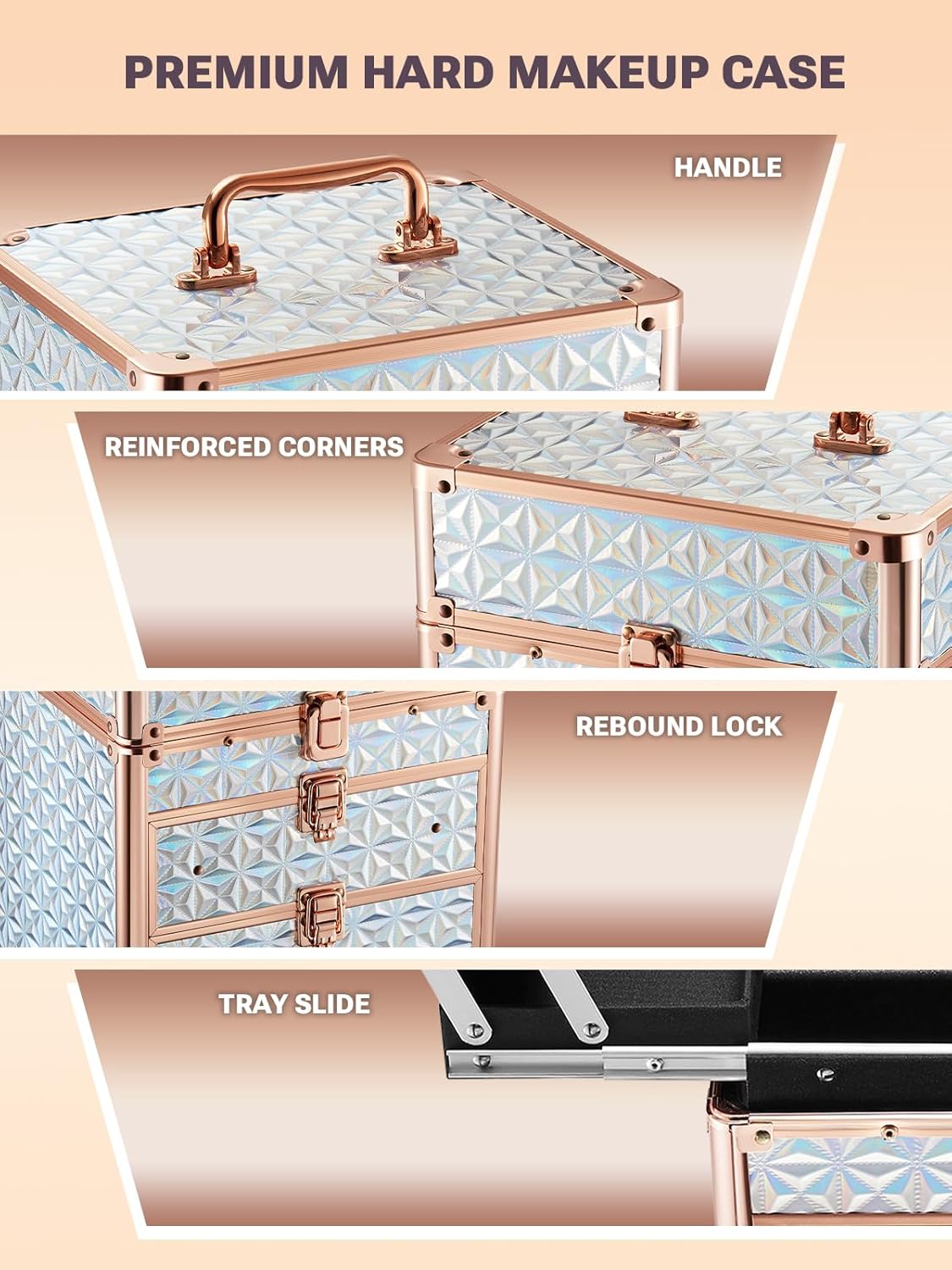 Qislee Makeup Box with Double Drawers and Four Trays, A Detachable Lighted Mirror, Waterproof Travel Train Case, Cosmetic Organizer and Makeup Suitcase with Magnetic LED Mirror(Sparkling Blue)