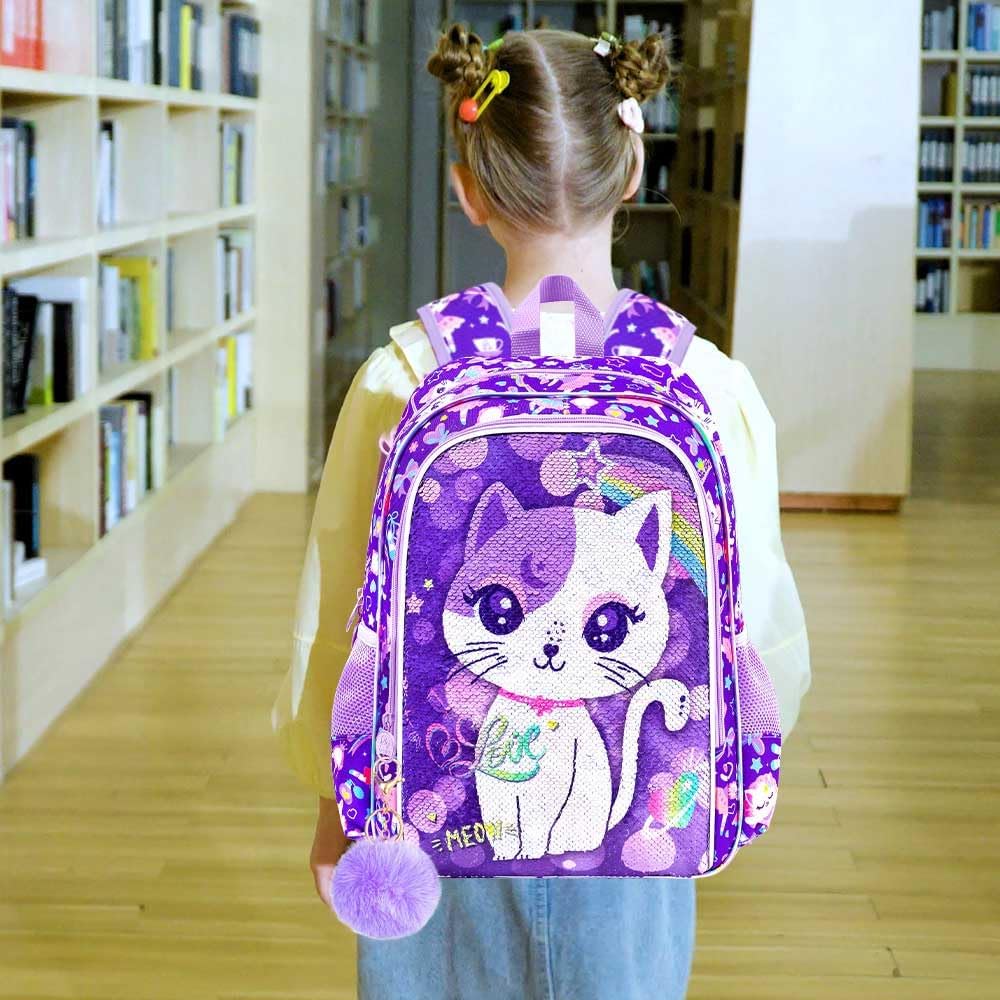 UFNDC 3PCS Backpack for Girls with Lunch Box,16”Kids Sequin Bookbag with Lunch Box, School Bag for Elementary Toddler