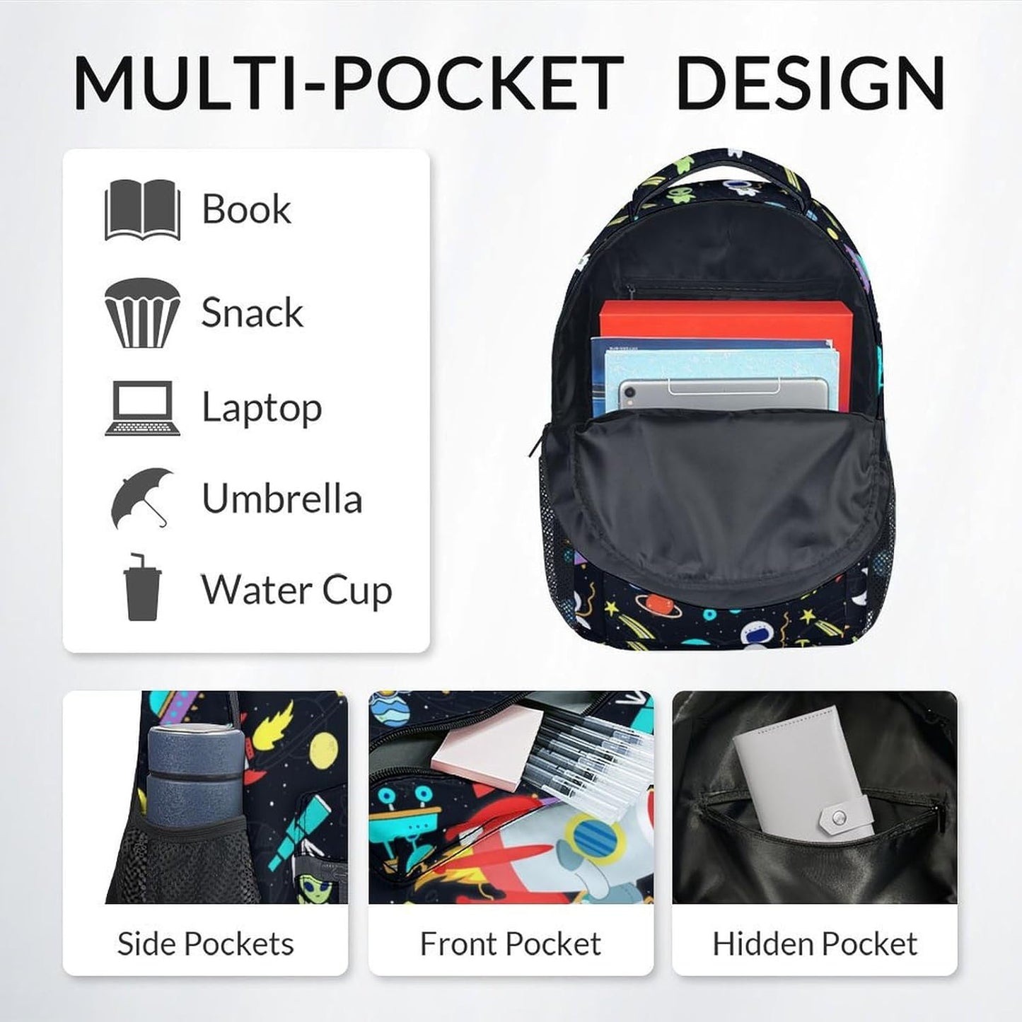 Backpack and Lunch Box Set for School - 17 Inch Custom Space Backpack Set for Kids - Personalized 3 in 1 Cool Bookbag for Primary Middle