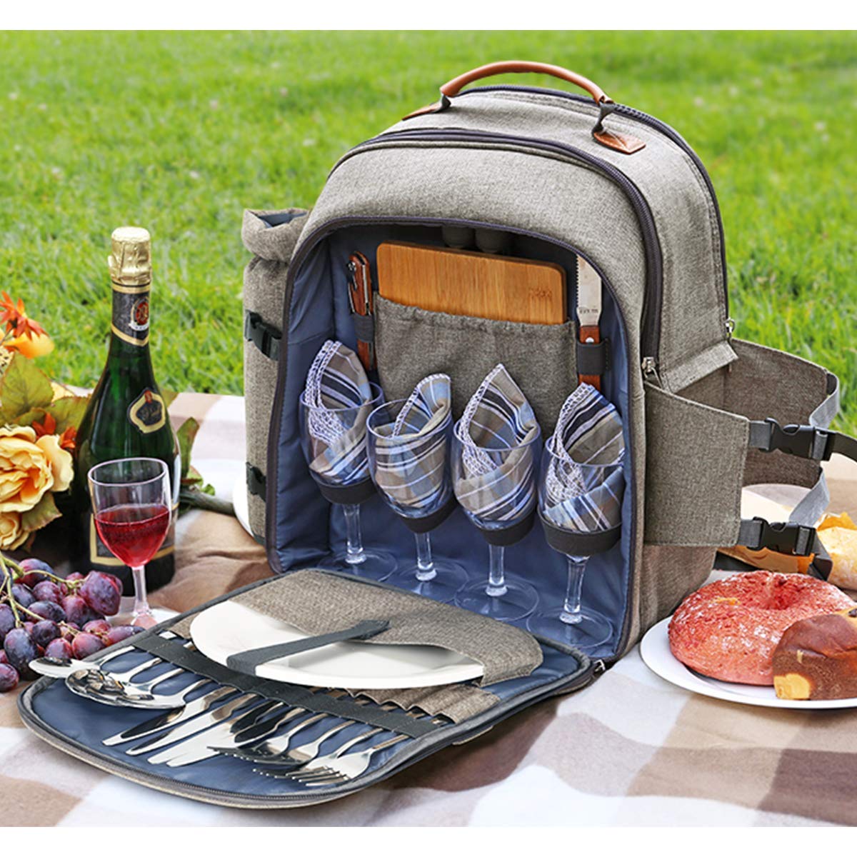 Sunflora Picnic Backpack for 4 Person Set Pack with Insulated Waterproof Pouch for Family Outdoor