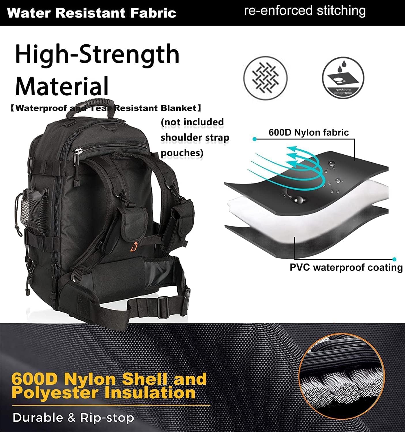 Expandable 40-64L Military Tactical Backpack 3 Day Bag Hiking Gym Sport Camping