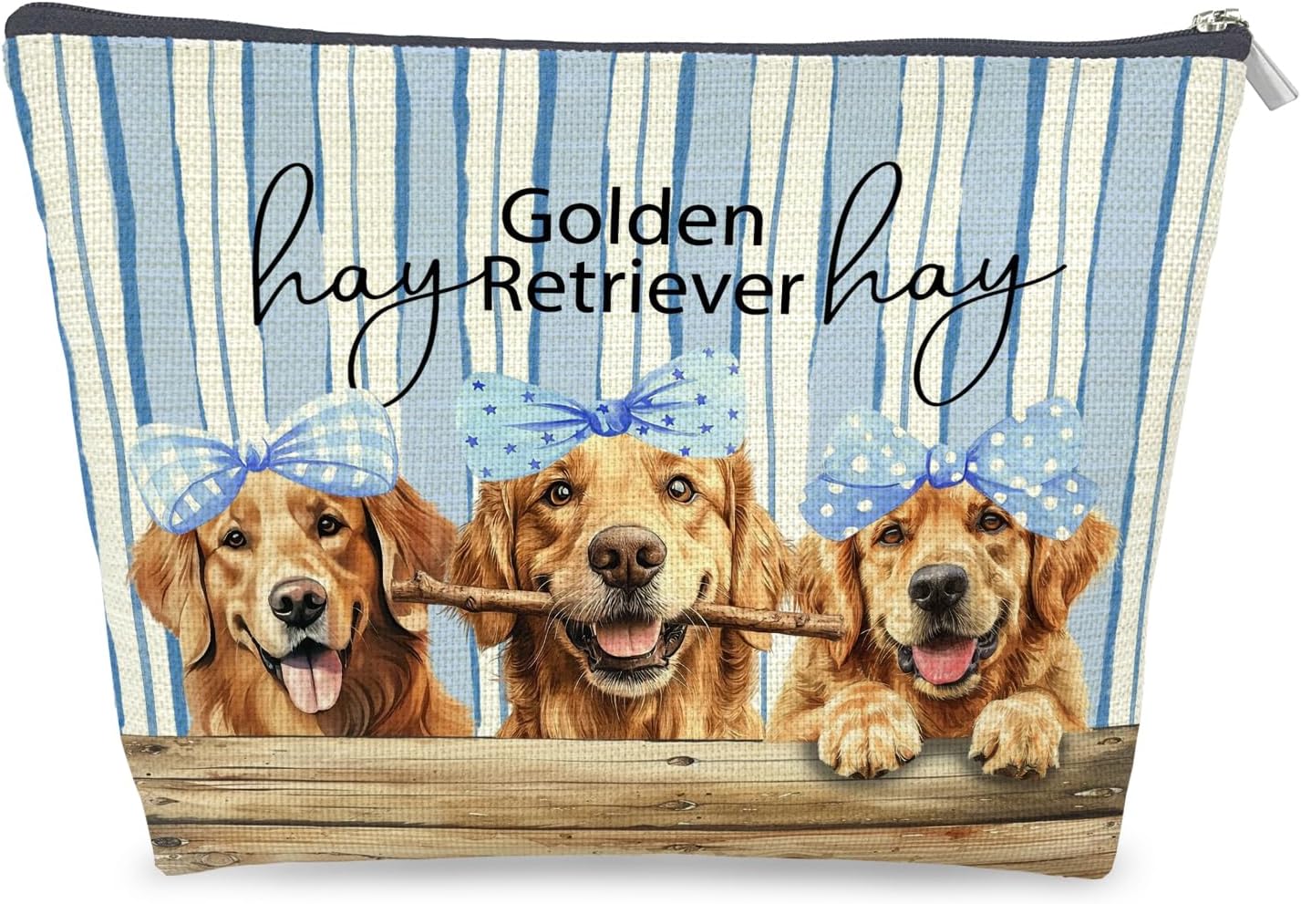 Blue Coquette Bow Golden Retriever Makeup Bag Gifts for Women, Golden Retriever Lovers Gifts Cosmetic Bag, Rustic Preppy Dog Blue Striped Zipper Makeup Pouch Travel Toiletry Bag