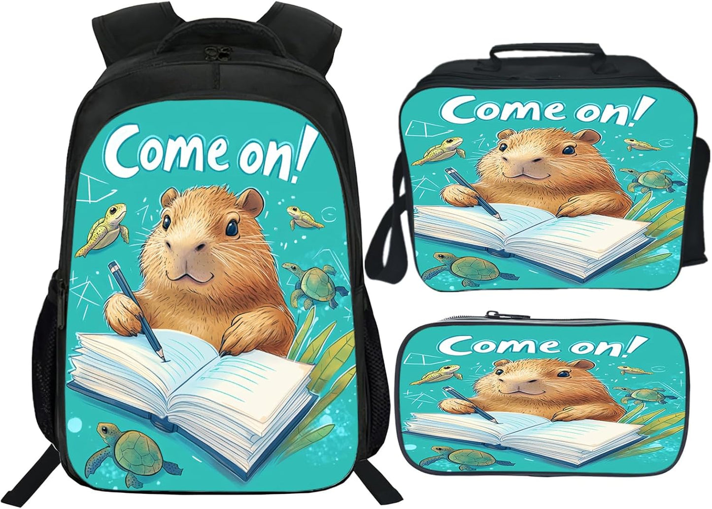 Funny Capybara Backpack School Bag 3PCS Backpack 16 Inch with Lunch Bag Set Lightweight for Teen Boys Girls Kids Elementary Middle School