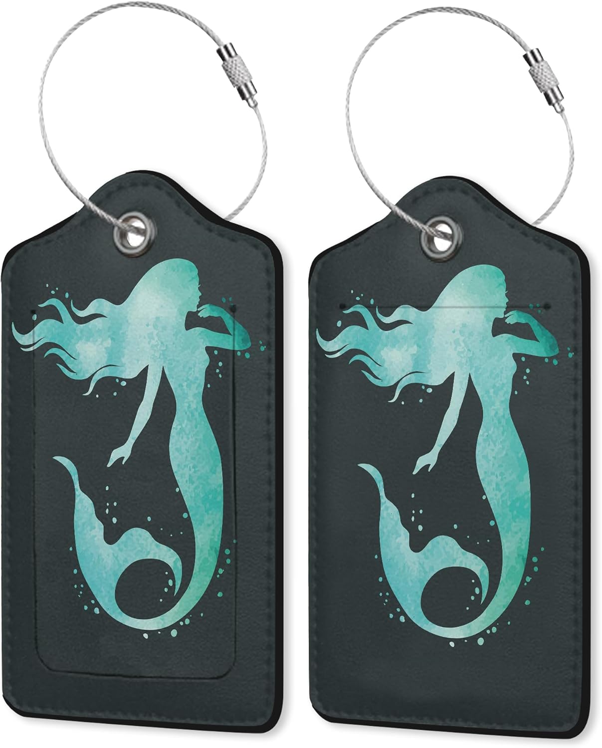 2 Pack PU Leahter Luggage Tag with Stainless Steel Loop,Green Mermaid Luggage Tag Travel Suitcase Labels with Privacy Cover ID Label Quickly Spot for Bags & Baggage
