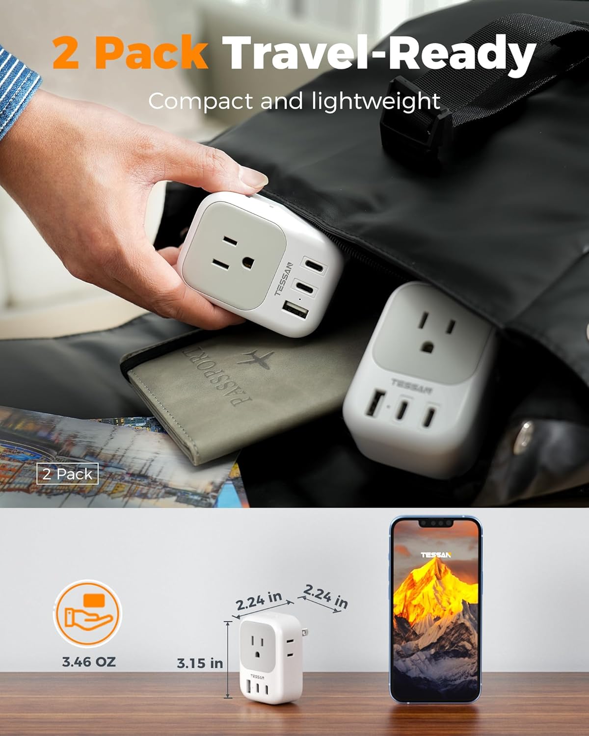 US to Japan Plug Adapter 2 Pack, TESSAN 2 Prong to 3 Prong Outlet Adapter with 4 Outlets 3 USB (2 USB-C), Outlet Adaptor US to Japan China Mexico Philippines Canada Peru Thailand Vietnam