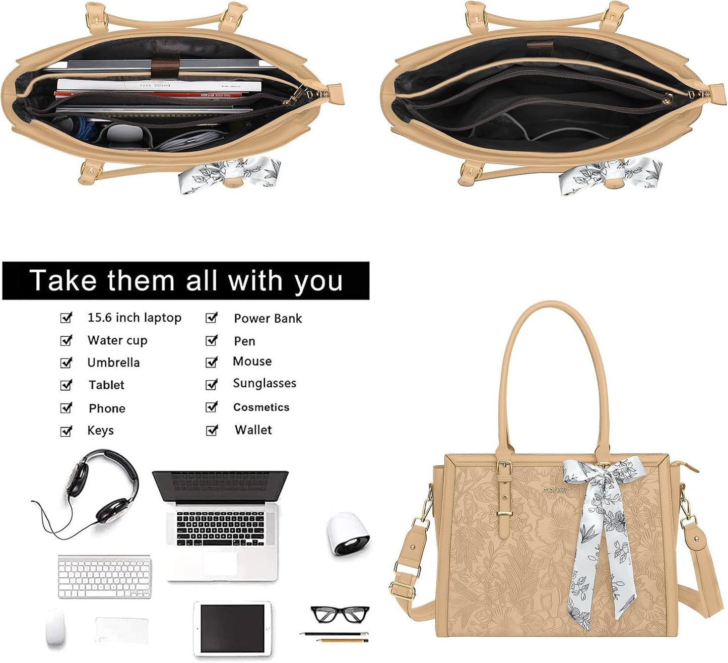MOSISO Laptop Bag for Women, PU Leather Tote Bag, Front Embossed Retro Hibiscus Computer Bags with Silk Scarf&Clutch Purse