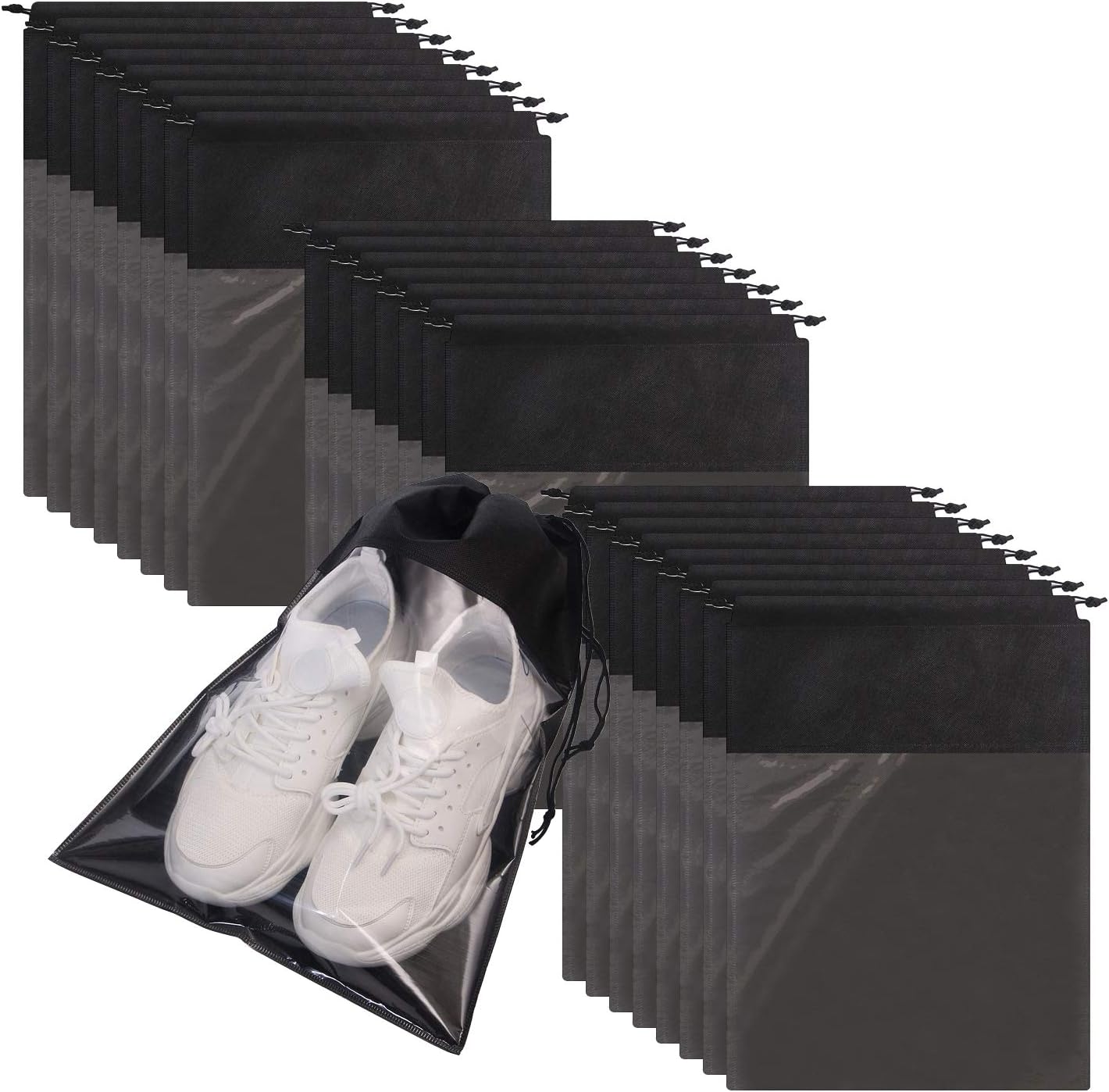 24 Pack Portable Shoe Bags for Travel Large Shoes Pouch Storage Organizer Clear Window with Drawstring for Men and Women Black