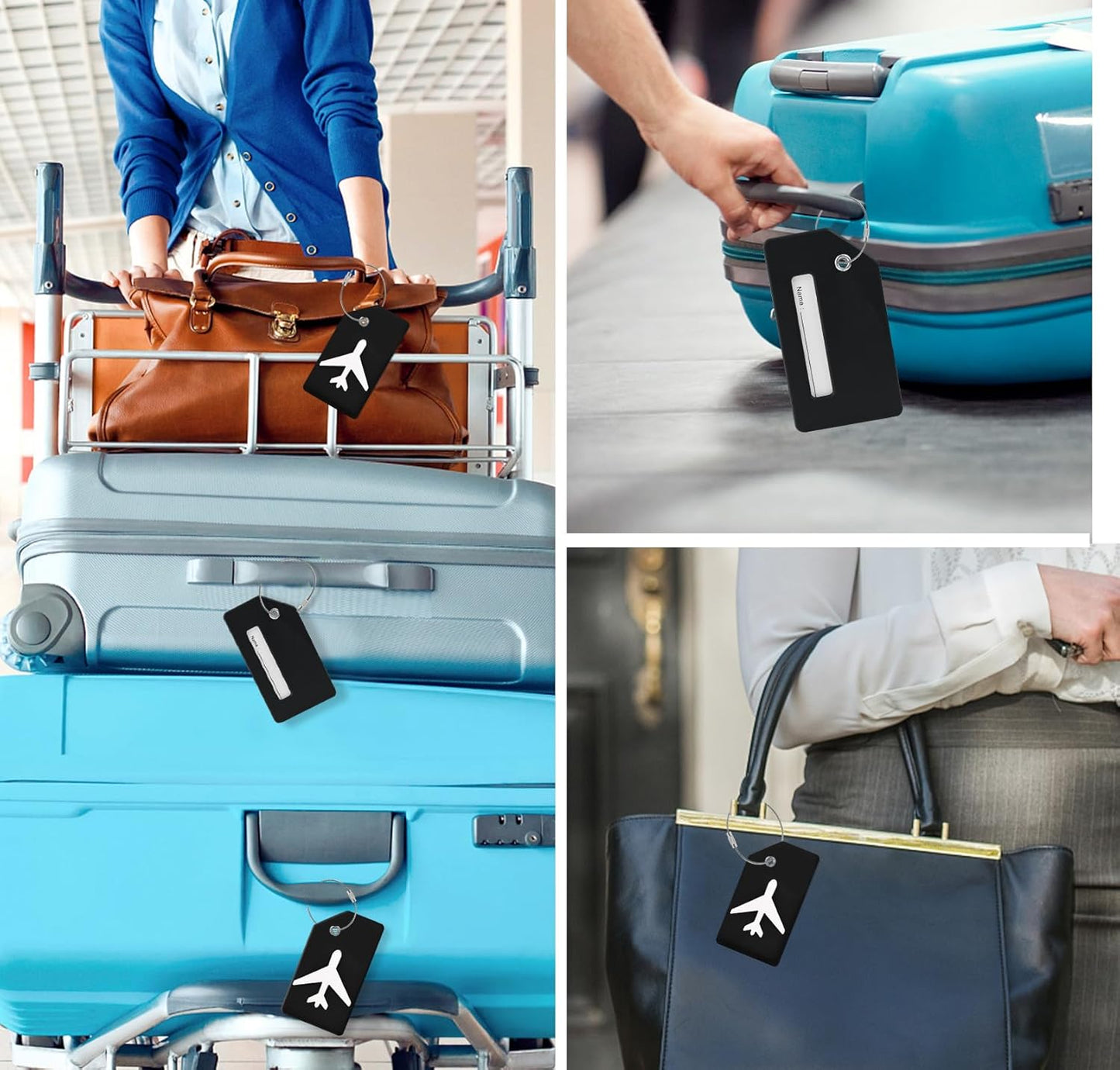 2 Luggage Tags, (1" Smaller Than Traditional) Perfect for Quick Luggage Identification with Stainless Steel Ring and Address Card for Travel and Luggage (Black)
