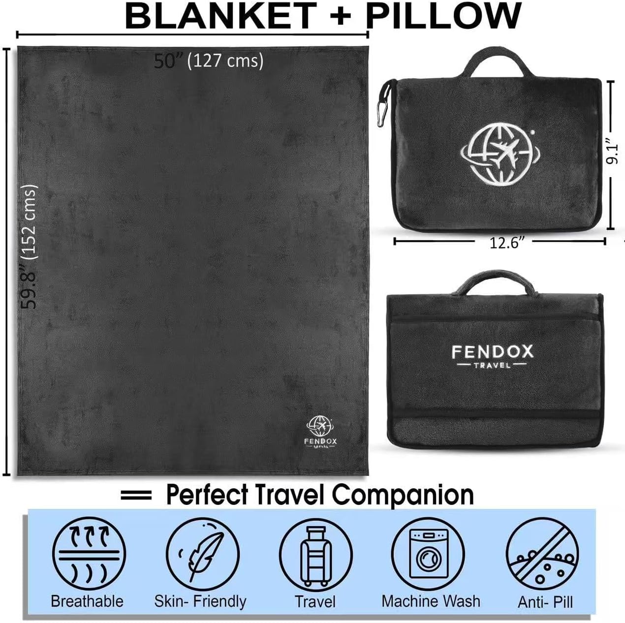 2-in-1 Travel Blanket and Pillow – Lightweight, Compact, Ultra Soft, Machine Washable – Handle, Luggage Sleeve, Backpack Clip – for Travel Airplane, Car, Office (Black)