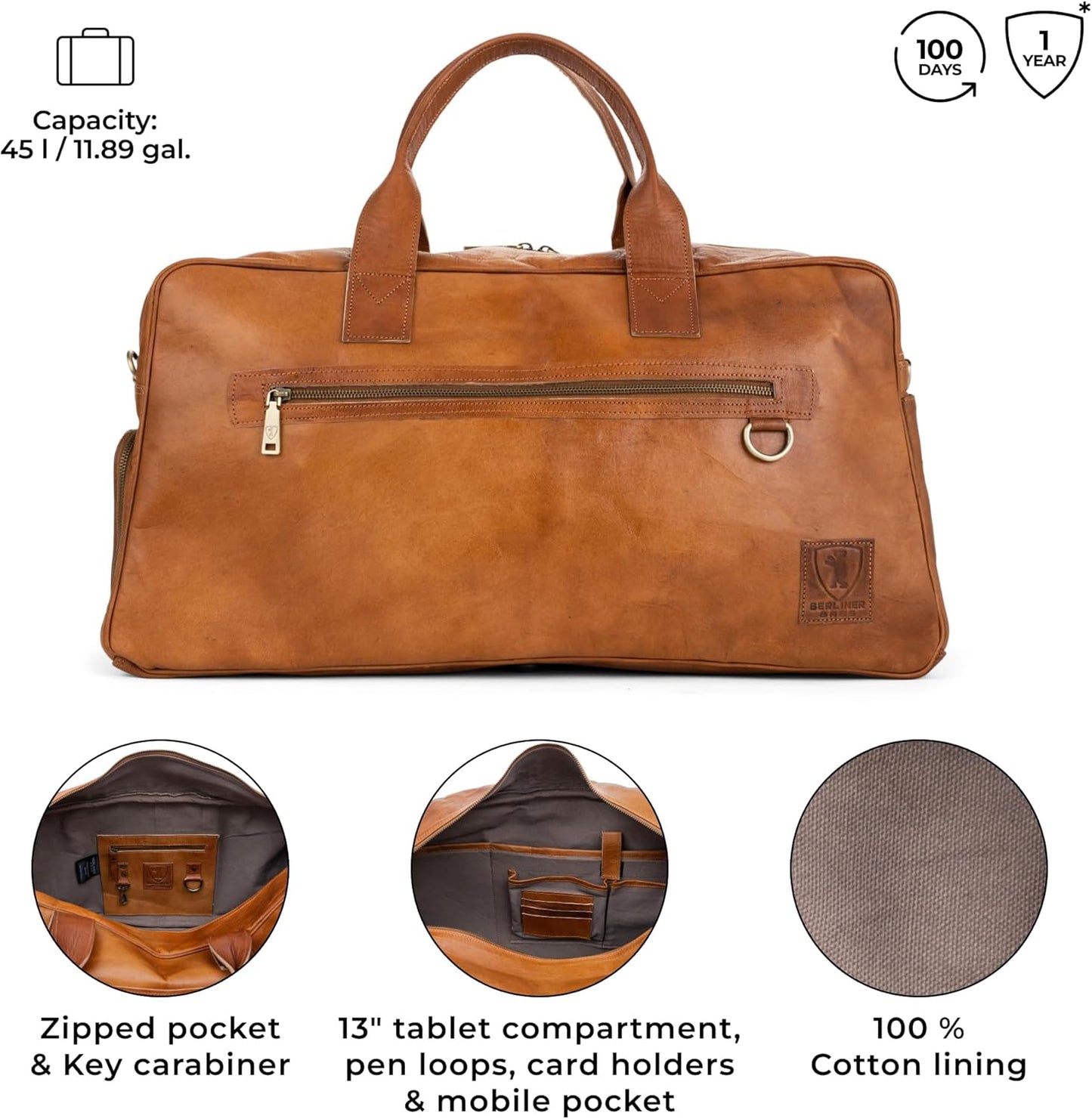 Berliner Bags Vintage Genuine Leather Duffle Austin XL for Travel or the Gym, Weekender Bag with Shoe Compartment, Overnight Bag for Men and Women - Brown