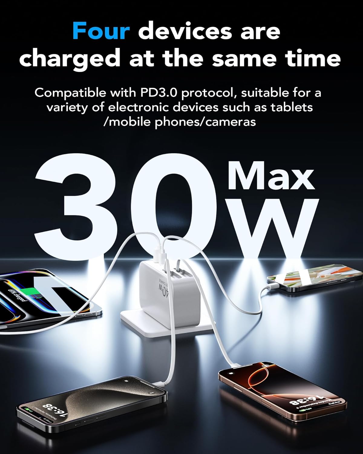 Retractable USB C Charger Wall Plug with Dual 35.5in/90cm Type C Cables Cords,40W Fast Charging Foldable Block Multi Charger for All Devices for iPhone 17/16/15/14/13/12,iPad,Galaxy,Pixel