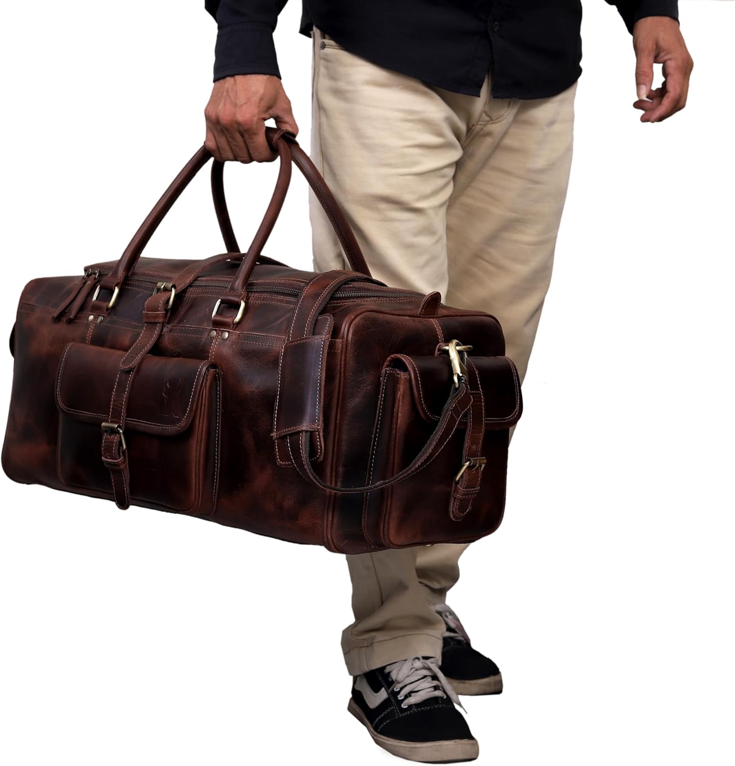Leather Farm Travel Duffel Bags for Men & Women - Premium 24" Mens Weekender Overnight Gym Bag, Carry-On Luggage with Spacious Compartments, Stylish Leather Duffel Bag for Airplane, Sports & Trips