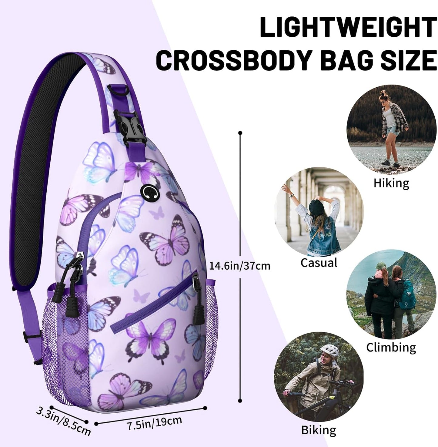 Purple Butterfly Sling Bag Crossbody Chest Bag for Women Men, Water Resistant Lightweight Casual Crossbody Bag with Adjustable Strap, Travel Hiking Daypack Shoulder Backpack