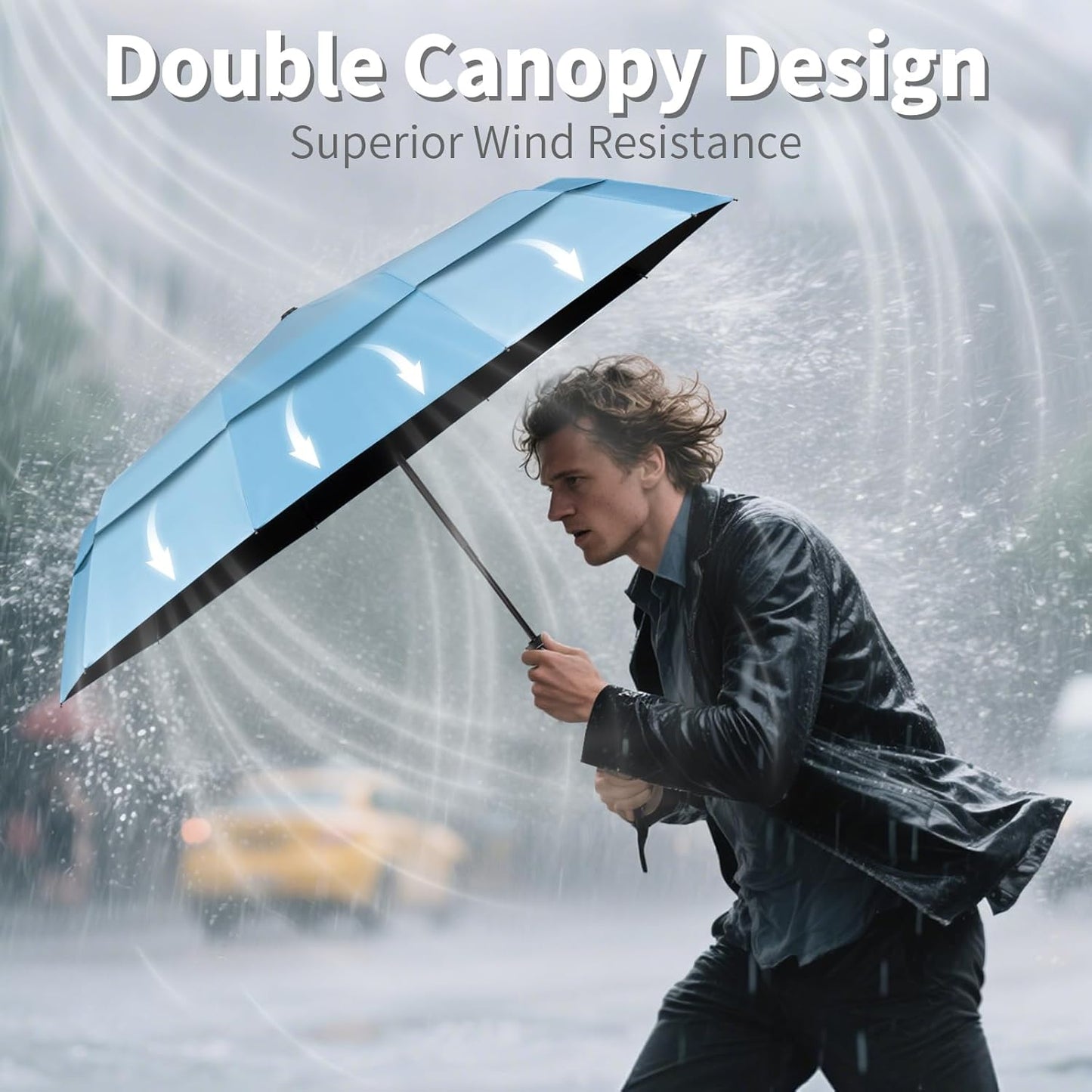 Seniny Travel Umbrella with Carabiner Handle, Windproof Large Umbrellas for Rain with Dual-Rib Structure, Portable Compact Umbrella with Reflective Strip, Car Backpack UV Umbrellas for Sun Protection