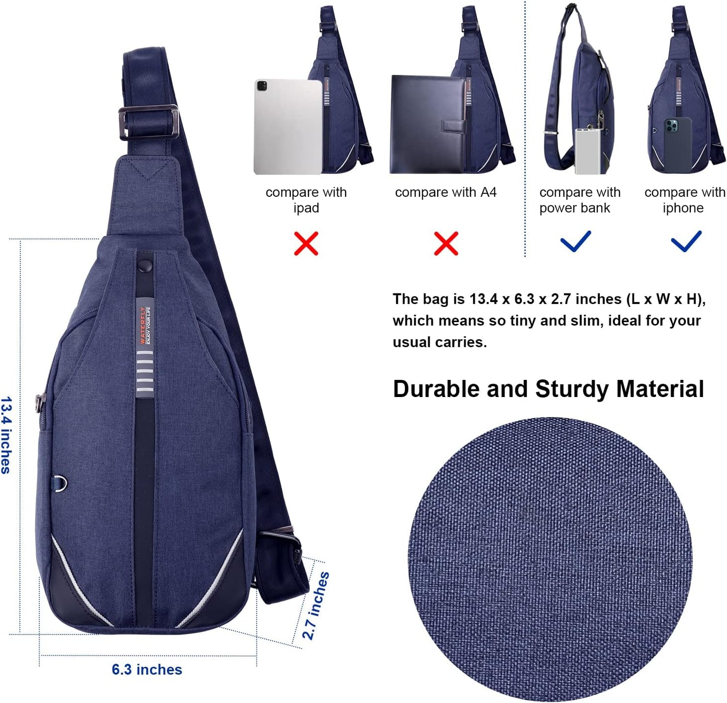 WATERFLY Medium Crossbody Sling Backpack Anti Theft Backpack for Traveling Chest Shoulder Bag