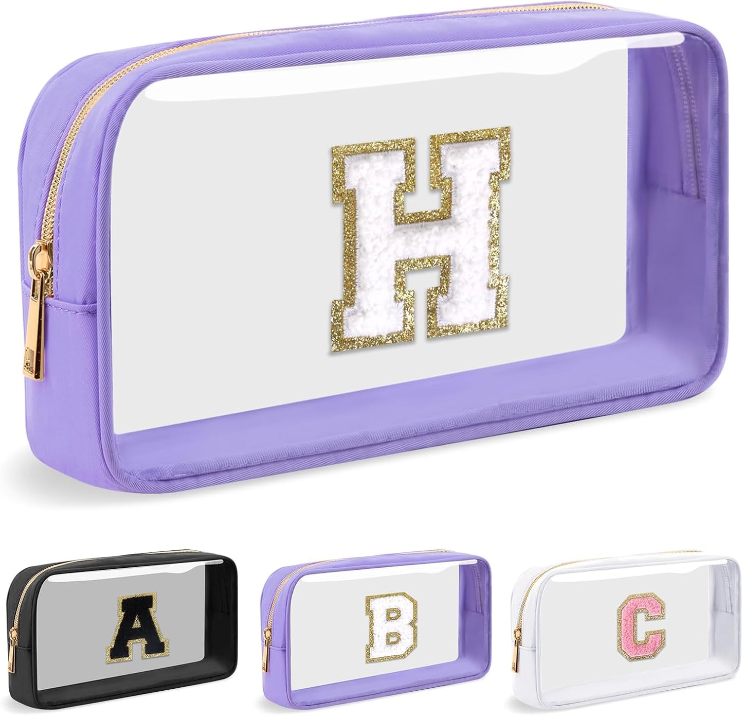 Personalized Initial Letter Clear Makeup Bag,Preppy Small Nylon&PVC Cosmetic Zipper Bag with Chenille Letter,Travel Skincare Toiletry Bag,Monogram Christmas Gift for Teen Girls Women,H