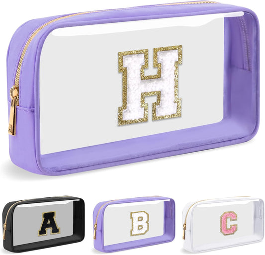Personalized Initial Letter Clear Makeup Bag,Preppy Small Nylon&PVC Cosmetic Zipper Bag with Chenille Letter,Travel Skincare Toiletry Bag,Monogram Christmas Gift for Teen Girls Women,H