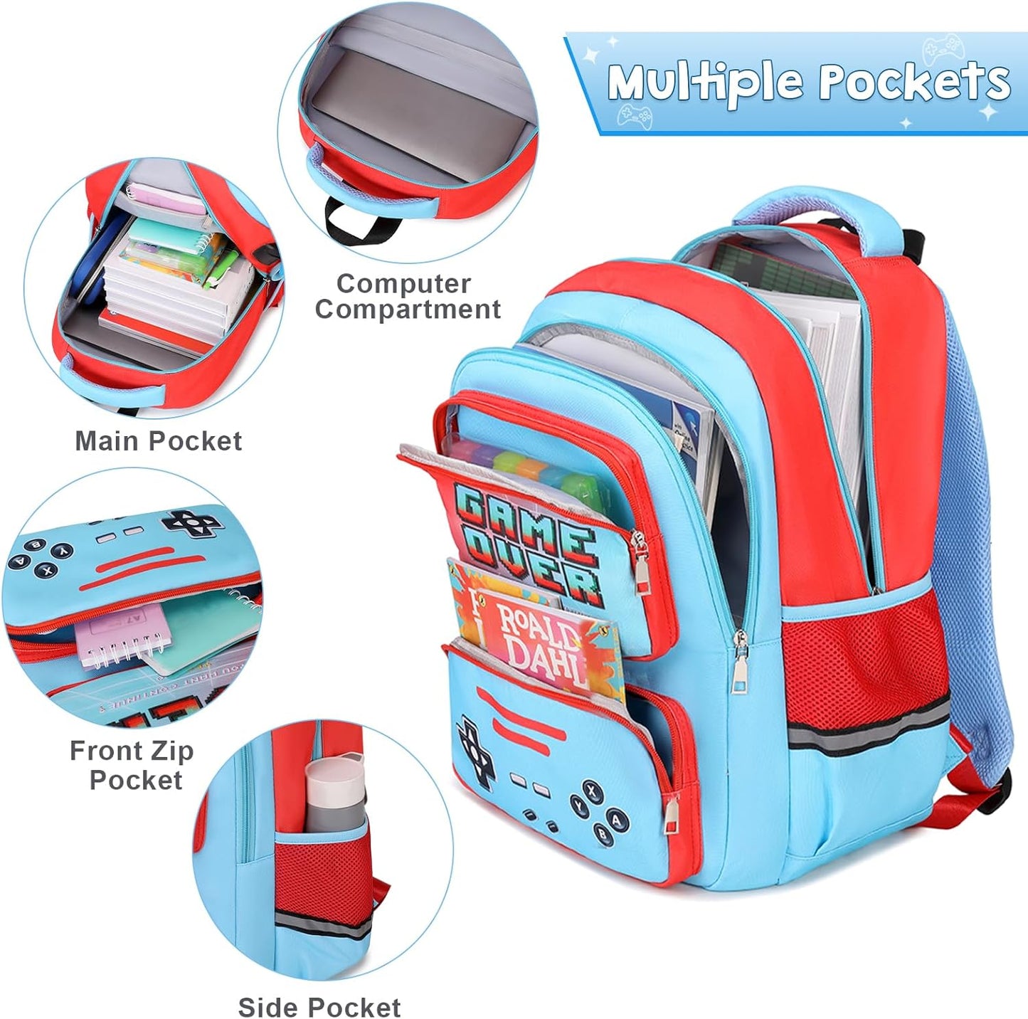 Gamer Backpack for Boys - Cool Luminous School Bag with Lunch Bag Pencil Case - Kids Backpack Elementary Middle School Book Bags for Teen Boys with USB Charging Port (Blue Red)