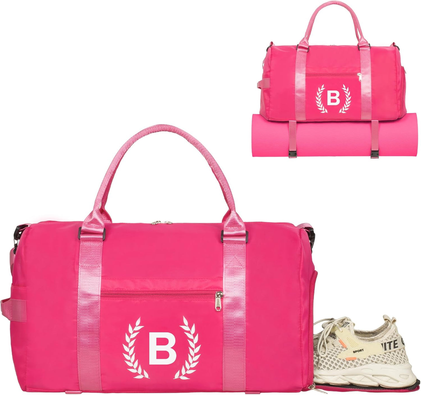 Gym Bag for Women, Personalized Duffle Bag with Shoe Compartment, Sports Bag for Yoga & Dance with Wet Pocket and Mat Strap(HotPink,B)