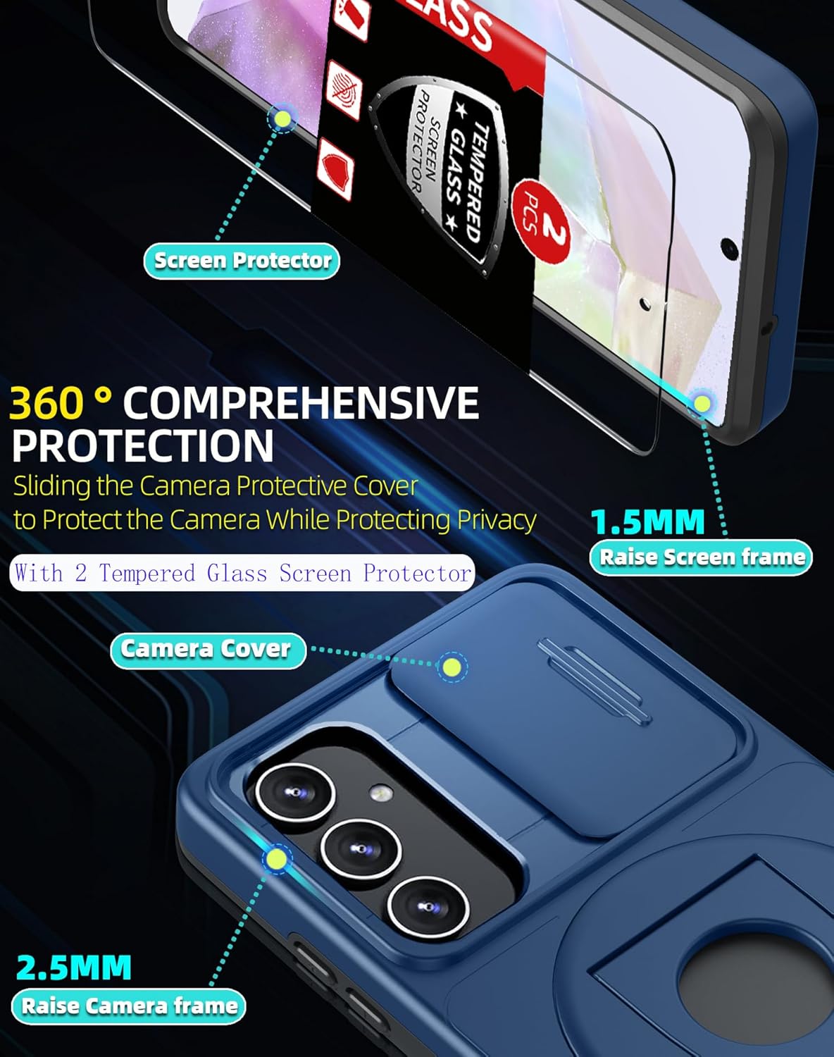 for Samsung Galaxy A35 Case with 2 Screen Protectors,Built-in Slide Camera Cover,with 360°Kickstand Ring for A35 Case Shockproof Anti-Scratch Military-Grade Drop Heavy Duty Protection Blue
