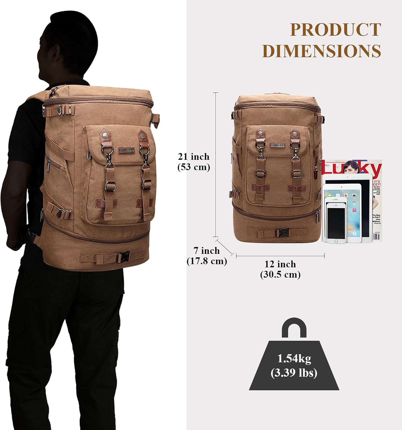 WITZMAN Travel Backpack for Men Women Canvas Backpack Carry on Luggage Rucksack Convertible Duffel Bag Large (A568 Brown)