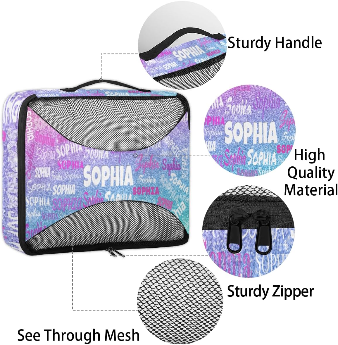4pc Personalized Name Packing Cubes for Travel - Luggage Packing Organizers - Travel Packing Cubes for Suitcases, Dreamy Glittery Effect, Colorful Names