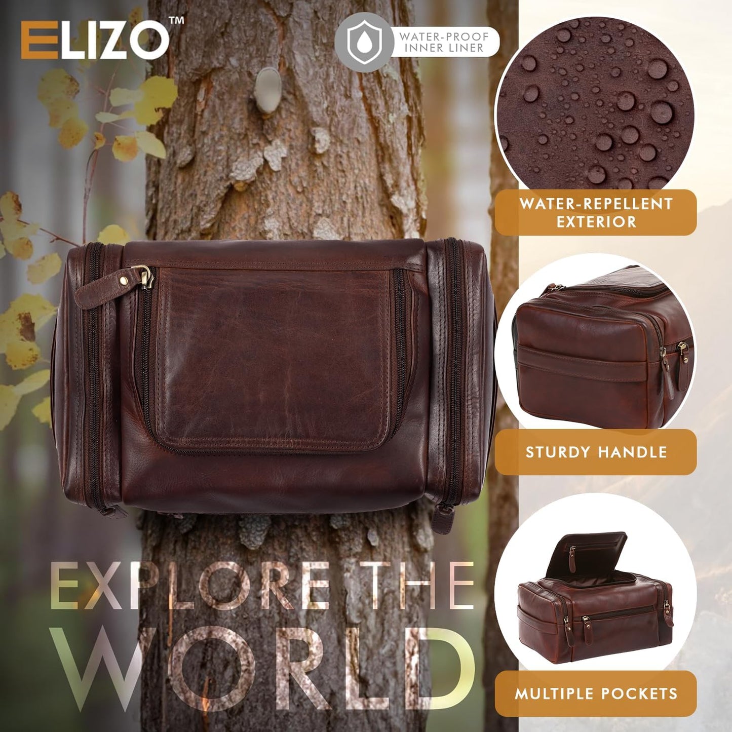 ELIZO Genuine Leather Toiletry Bag for Men Mens Toiletry Bags for Traveling Waterproof Hanging Leather Extra Large Toiletry Bag Travel Organizer for Toiletries