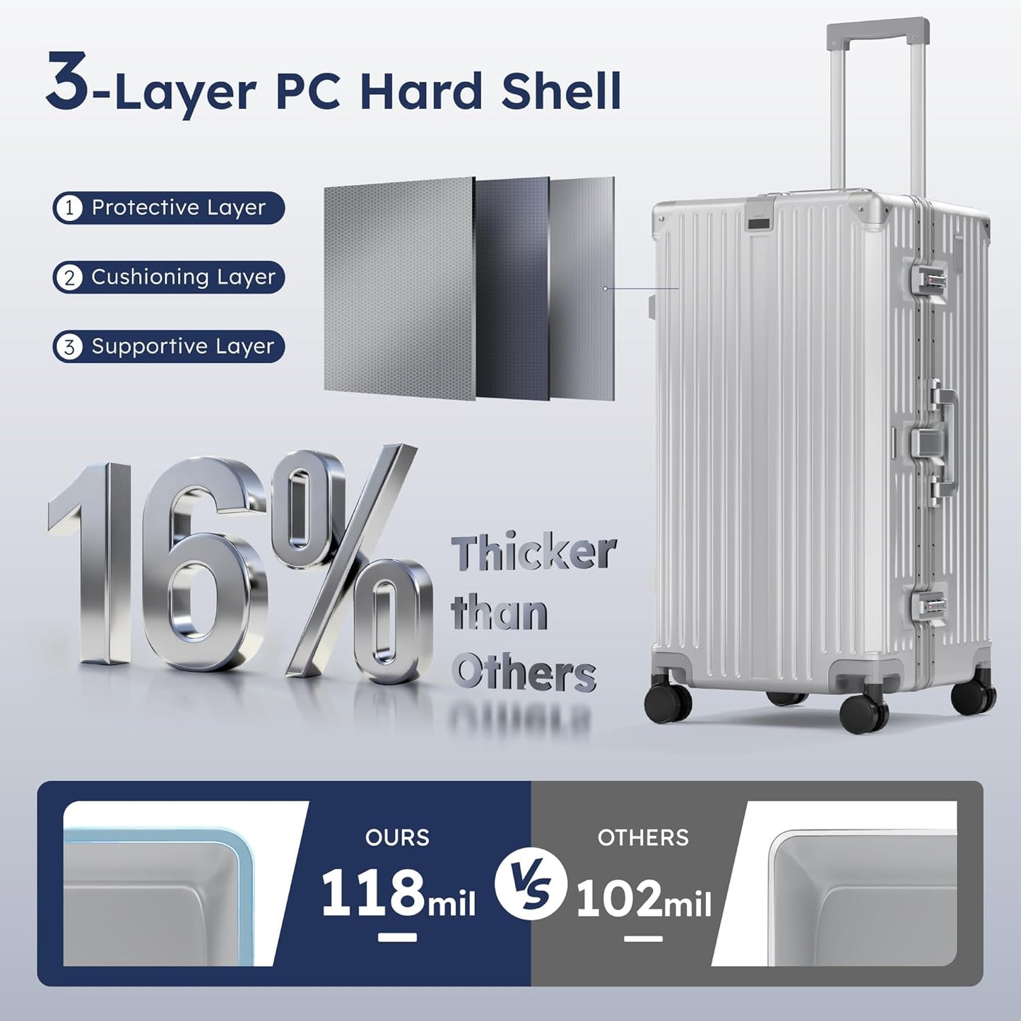 ALPHA CAMP Trunk Luggage, Large 26 Inch Thickened Aluminum Frame Luggage with TSA Spinner Wheels, 3-Layer PC Hardside Lightweight Zipperless Travel Suitcase, Type-C USB Charging Port, Cup Holder