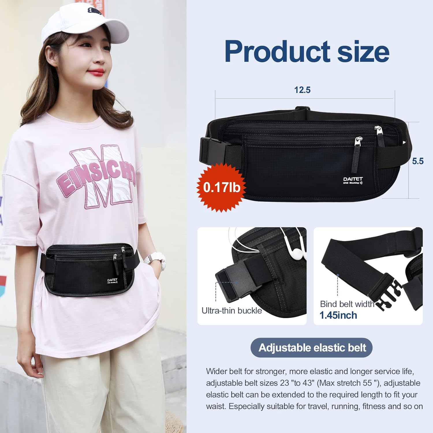 RFID Blocking Money Belt for Men Women, Slim Fanny Pack For Travel，Running,Conceal Waist Wallet For