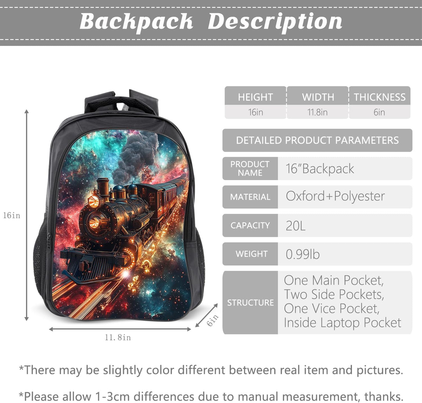 Klymax Outer Space Train Backpack Galaxy Steam Engine Kids Schoolbag with Lunch Box Bag Pencil Bag 3pcs Bookbag Sets for Boys Girls