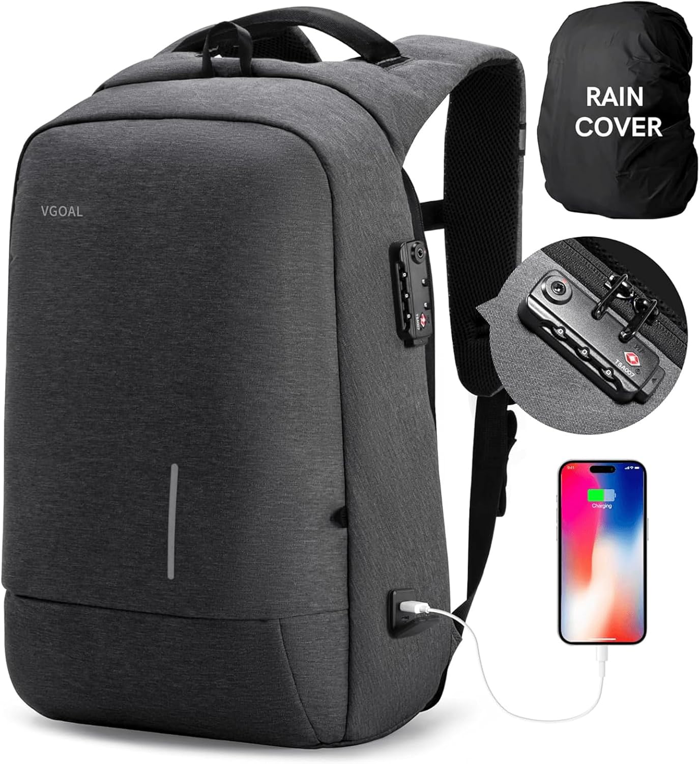 VGOAL Laptop Backpack 15.6 inch with TSA Lock and USB Charging Flight Approved Carry on Business Backpack Anti Theft Traveling Bag for Men and Women