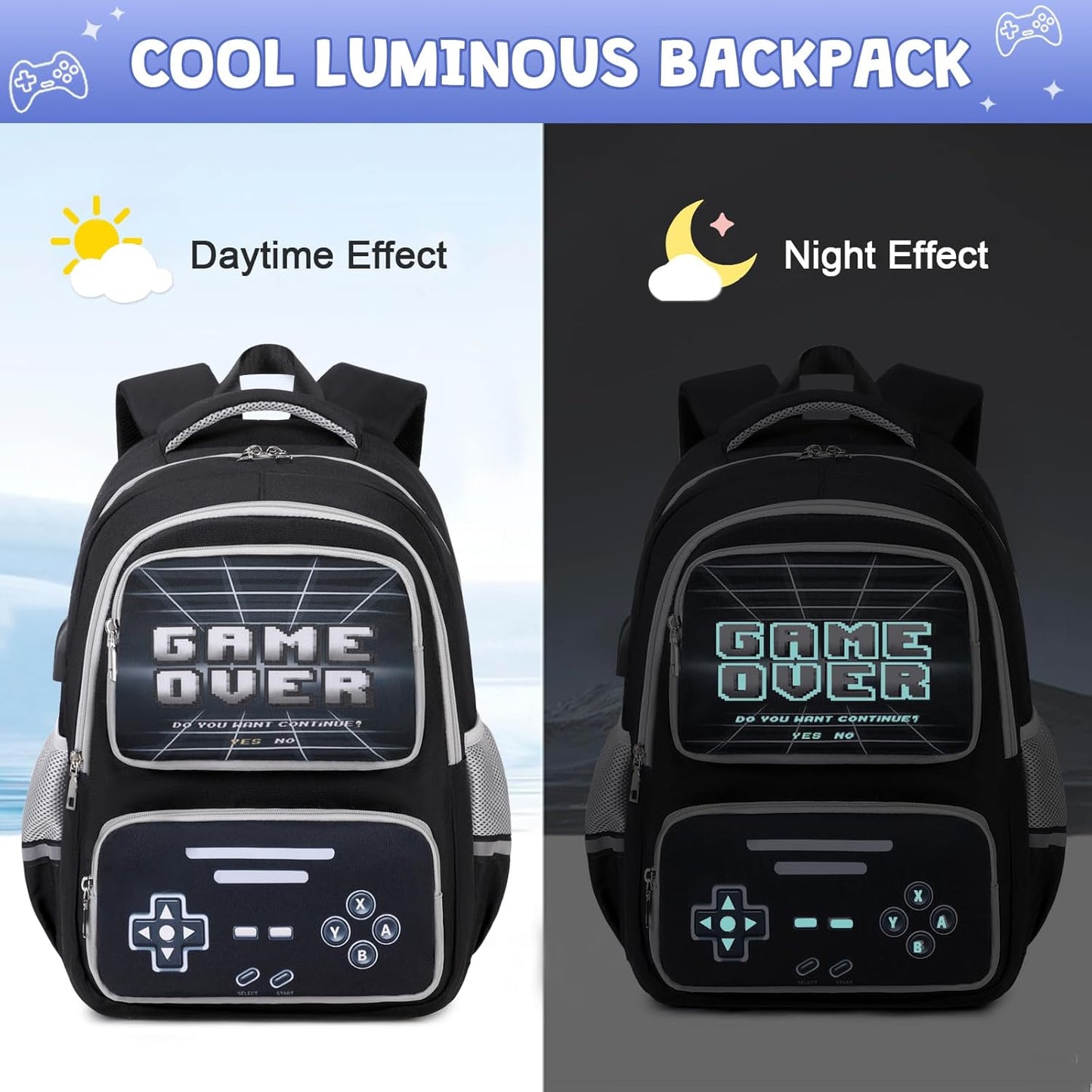 Gamer Backpack for Boys - Cool Luminous School Bag with Lunch Bag Pencil Case - Kids Backpack Elementary Middle School Book Bags for Teen Boys with USB Charging Port (Black Grey)