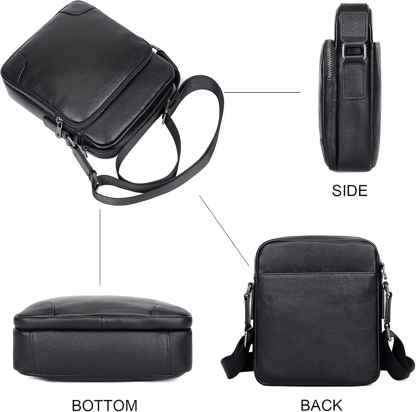 Augus Leather Messenger Crossbody Shoulder Bag for Men Work Business Casual Adjustable Straps (black-1)