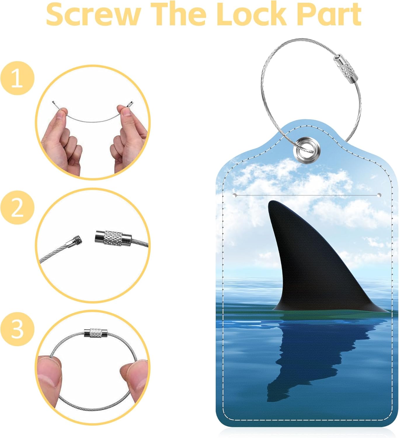 Shark Fin Above Water Luggage Tags 2PCS PU Leather Suitcases Tag with Stainless Steel Loop and Privacy Name Address Cover Label Card for Women Men Travel