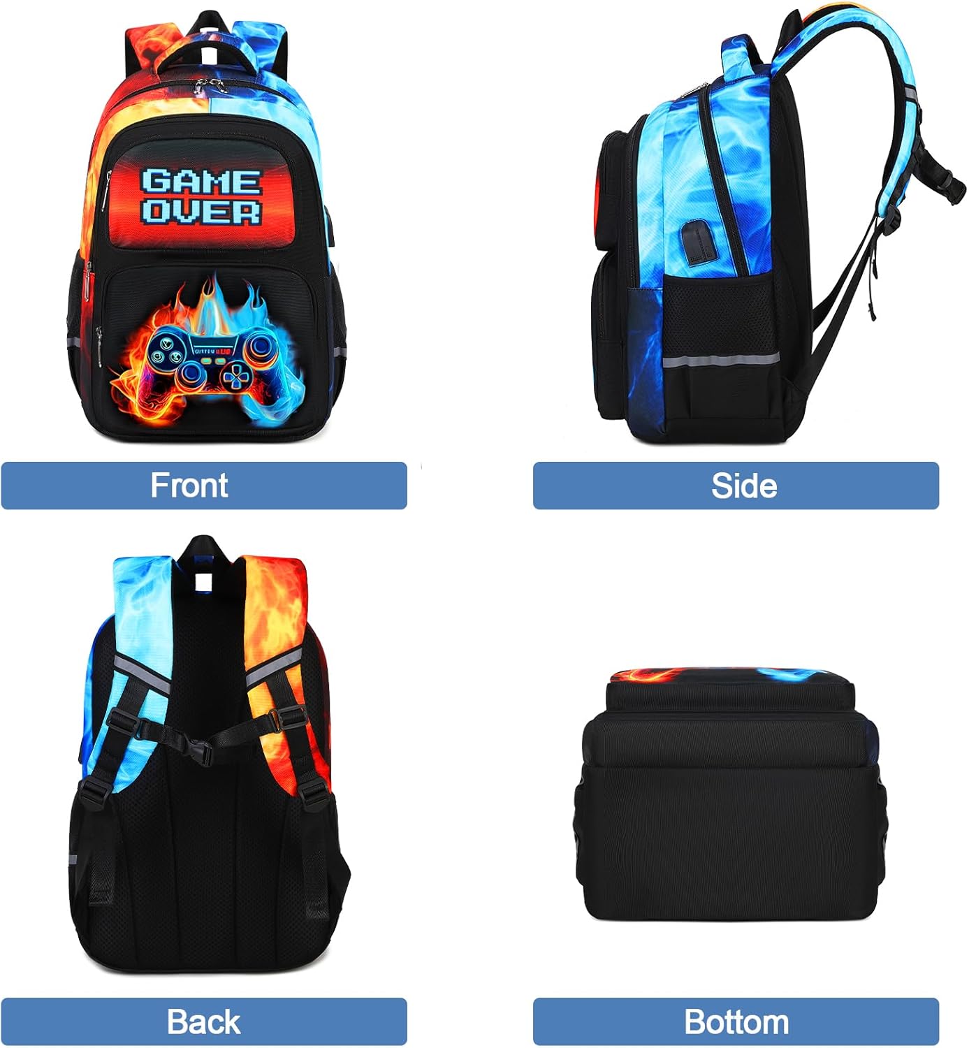 Bevalsa Backpack for Boys, School Bags for Kids, Bookbag for Boys Girls Children Teens Backpacks for Elementary Middle High school Student, Bookbag and Lunch Bag Set with USB Charging Port (Flame)