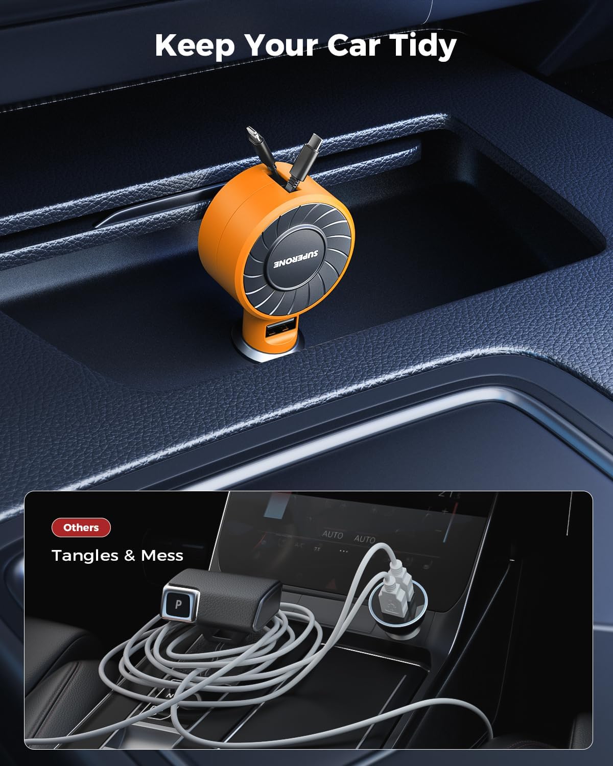 SUPERONE 3-in-1 Car Charger with Retractable Cords, USB C Charger Car Adapter Compatible with iPhone 17/16/15/14/13/12/11 Pro Max Samsung Android Phones